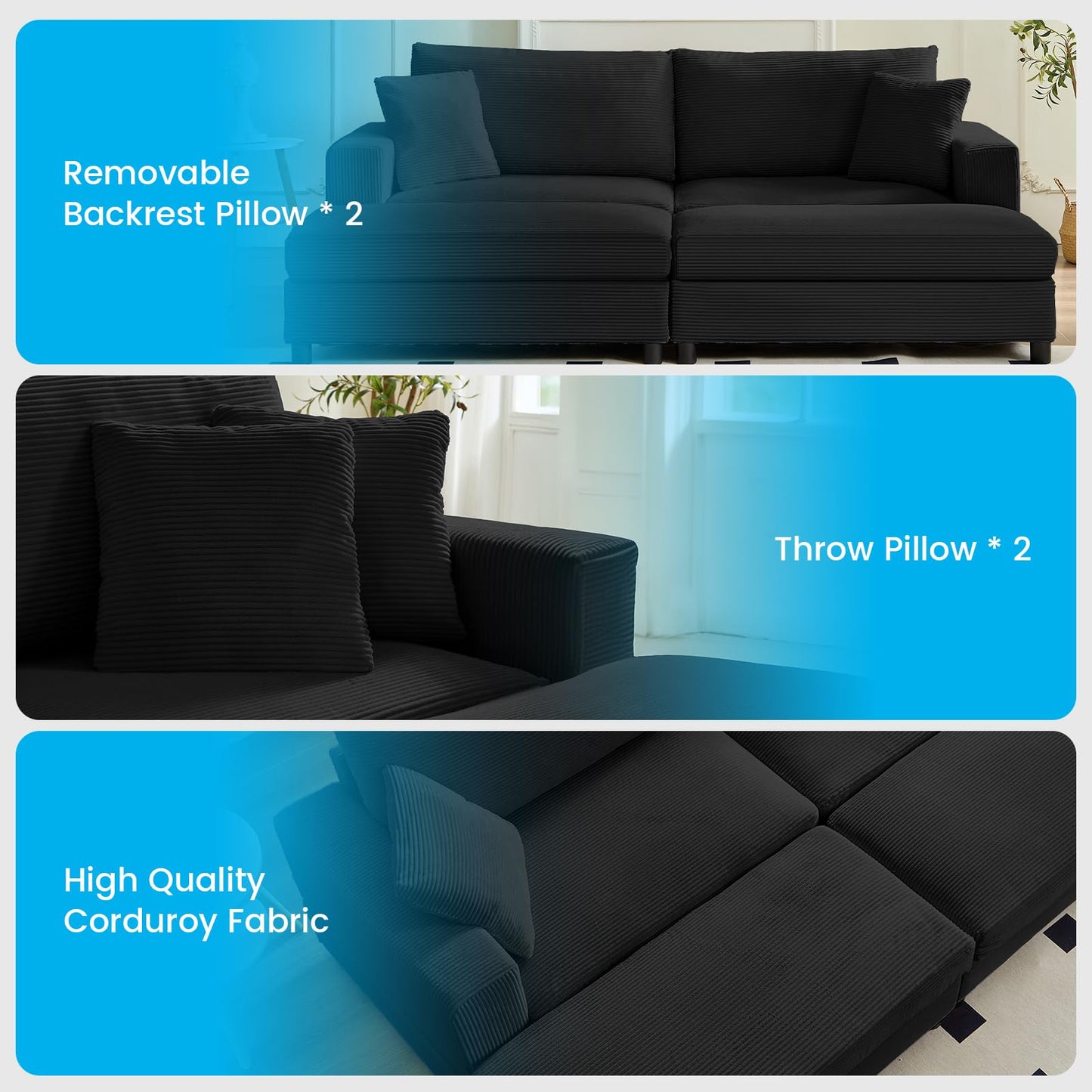 Mjkone Chaise Lounge Chair Indoor, 86 "W Oversized Double Sleeper Sofa with 2 Ottomans, Extra-Large Corduroy Upholstered Modular Sectional Couch Deep Seat for Reading, Living Room, Office, Black