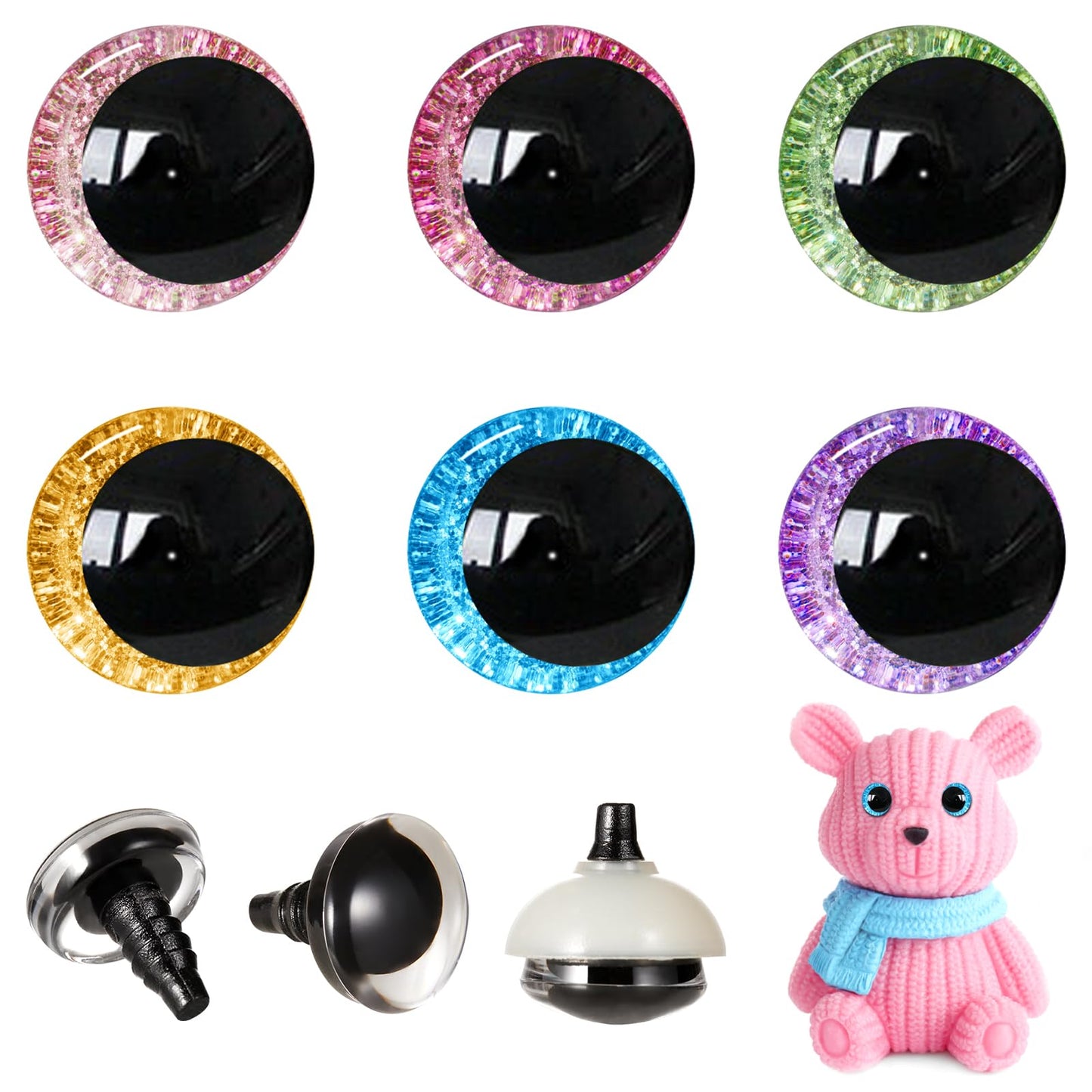 MUCUNNIA 96pcs 25mm 3D Glitter Safety Eyes for Crocheting with Washers Moon Crochet Amigurumi Eyes for Crochet Animals Craft Eyes Doll Eyes Stuffed Crochet Eyes for Crafts Gift for Crochet Lovers