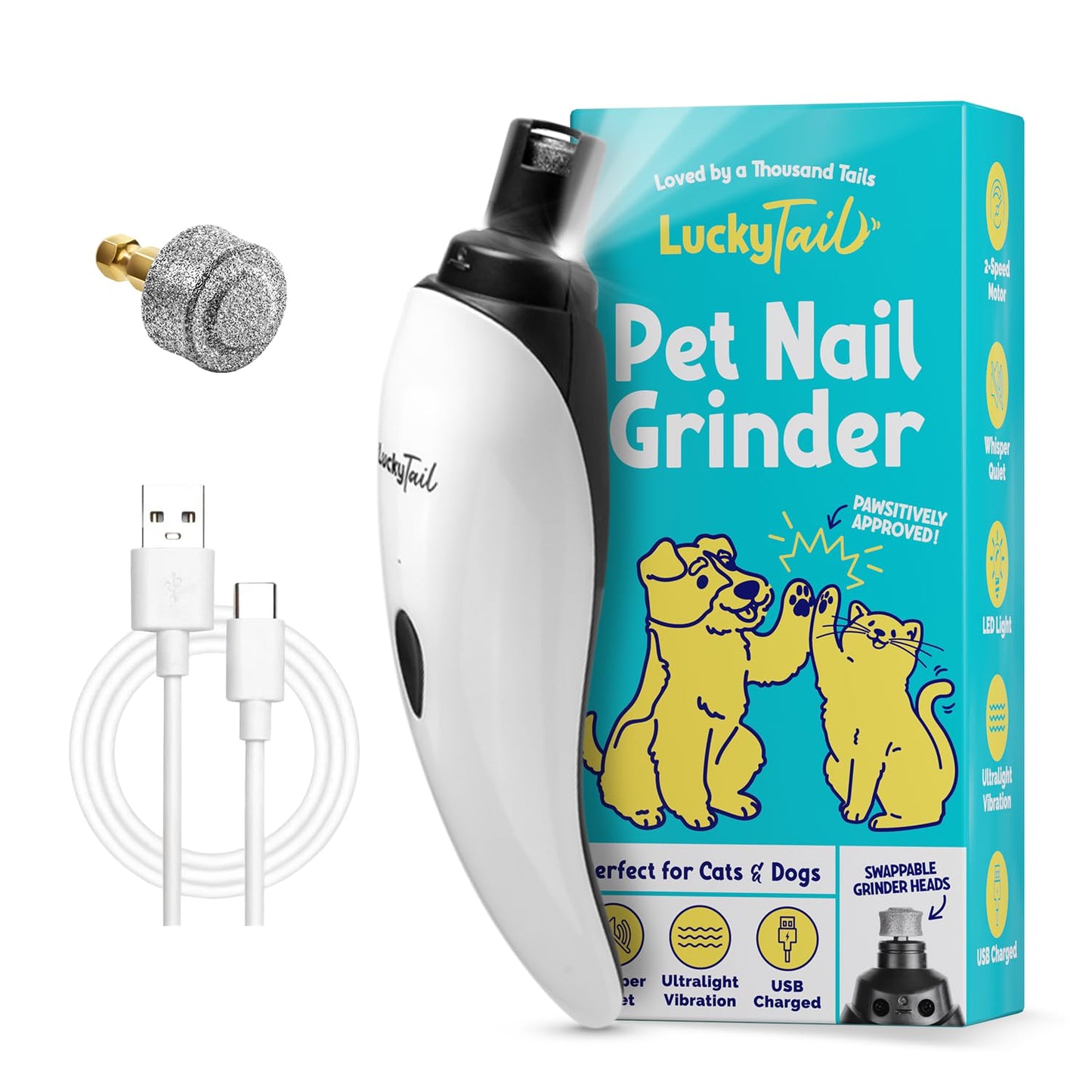 LuckyTail Pet Nail Grinder for Dogs and Cats - Super Quiet and Low Vibration Electric Dog Nail Grinder with 2 LED Lights - USB Rechargeable and Cordless - 2 Speeds - Small to Large Pets