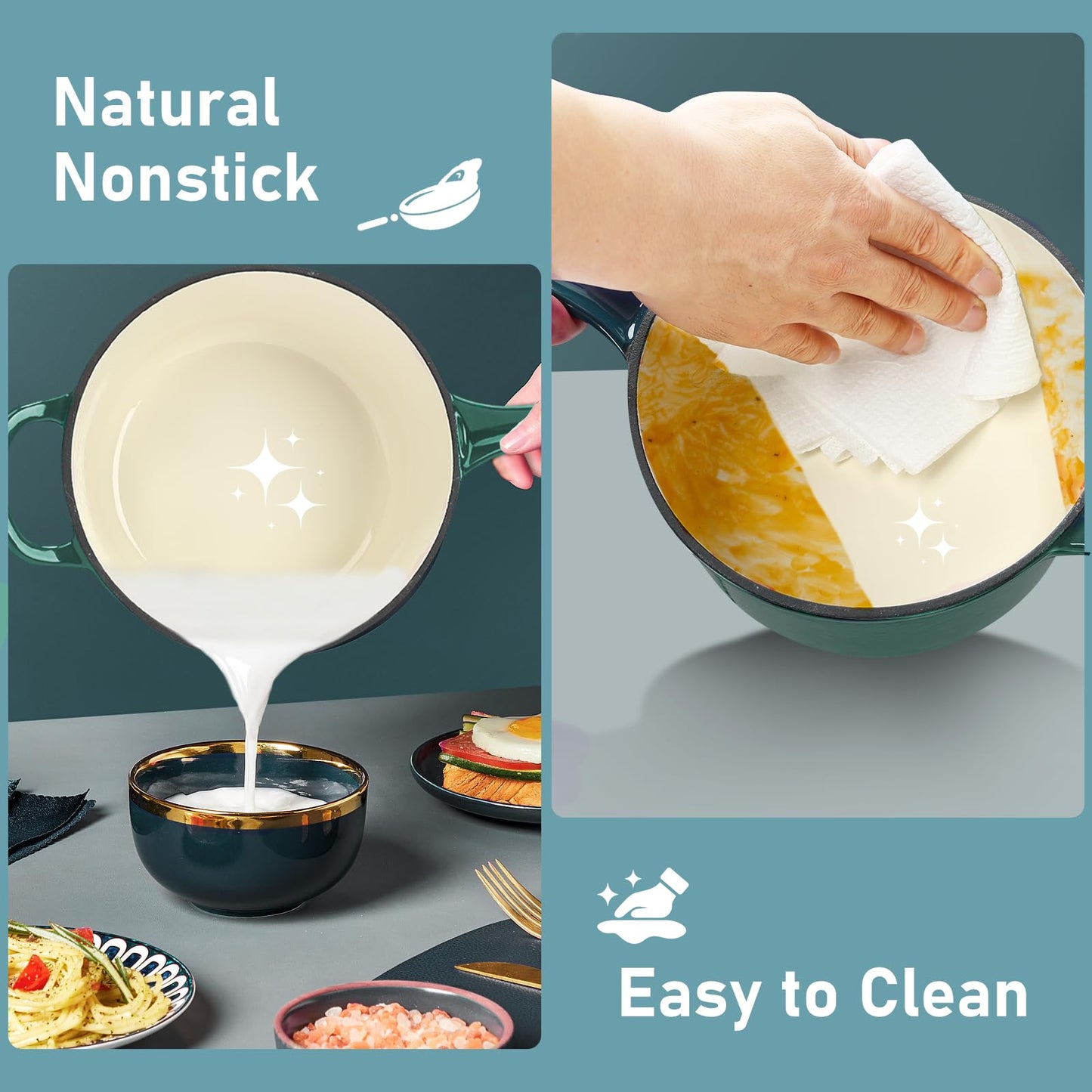 Nonstick Enameled Cast Iron Cookware Set- 9 Pieces Dutch Oven Pot with Lid for Braising, Stews, Roasting, Bread Baking, Cooking Pot Oven Safe & Compatible with All Stovetop, Teal Ombre