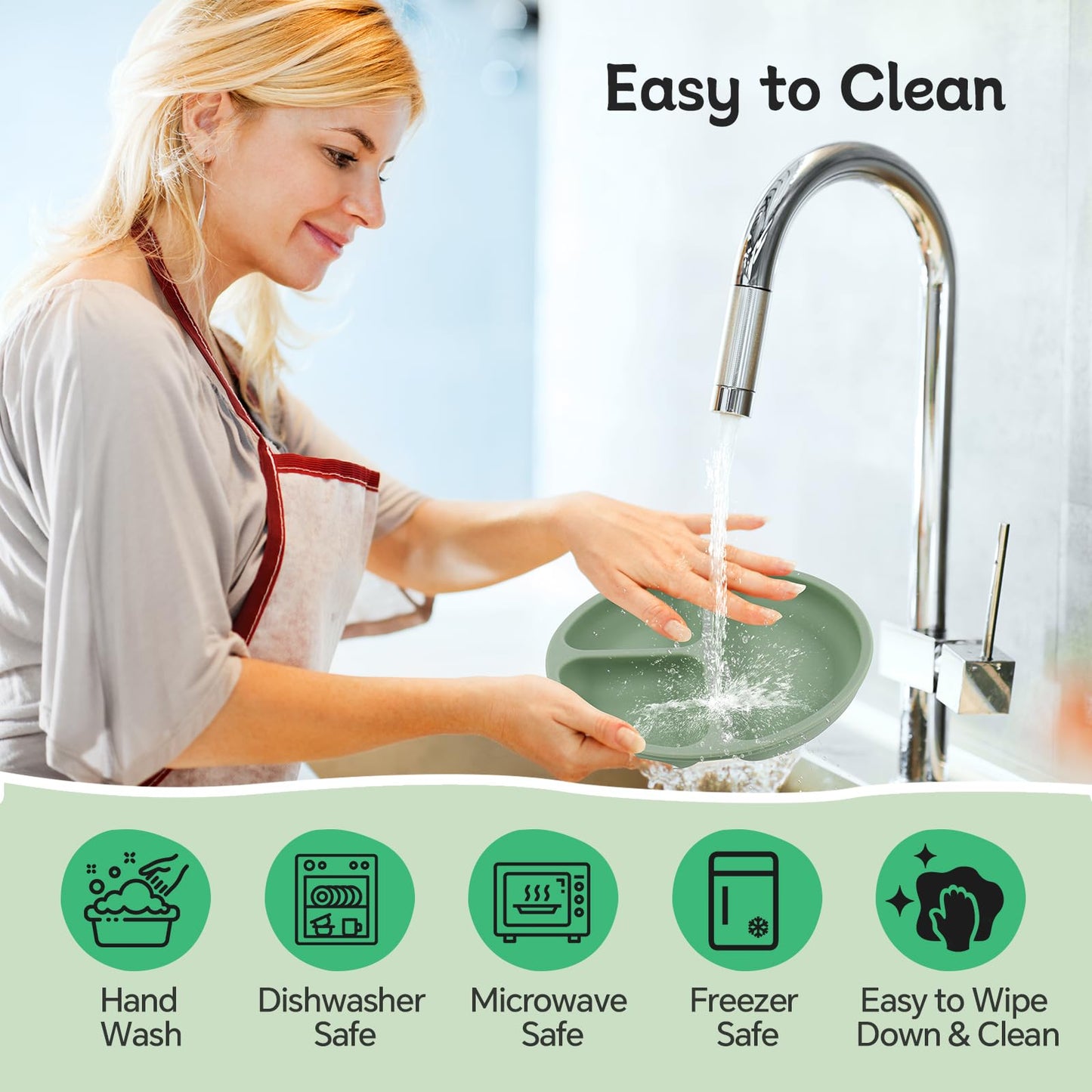 SHGMEET Silicone Baby Feeding Set, BPA Free Baby Feeding Essentials, Baby Suction Bowl, Plates, Bib, Spoons set, Baby Led Weaning Supplies to Develop Self-feeding Skills(Green, No Lid)