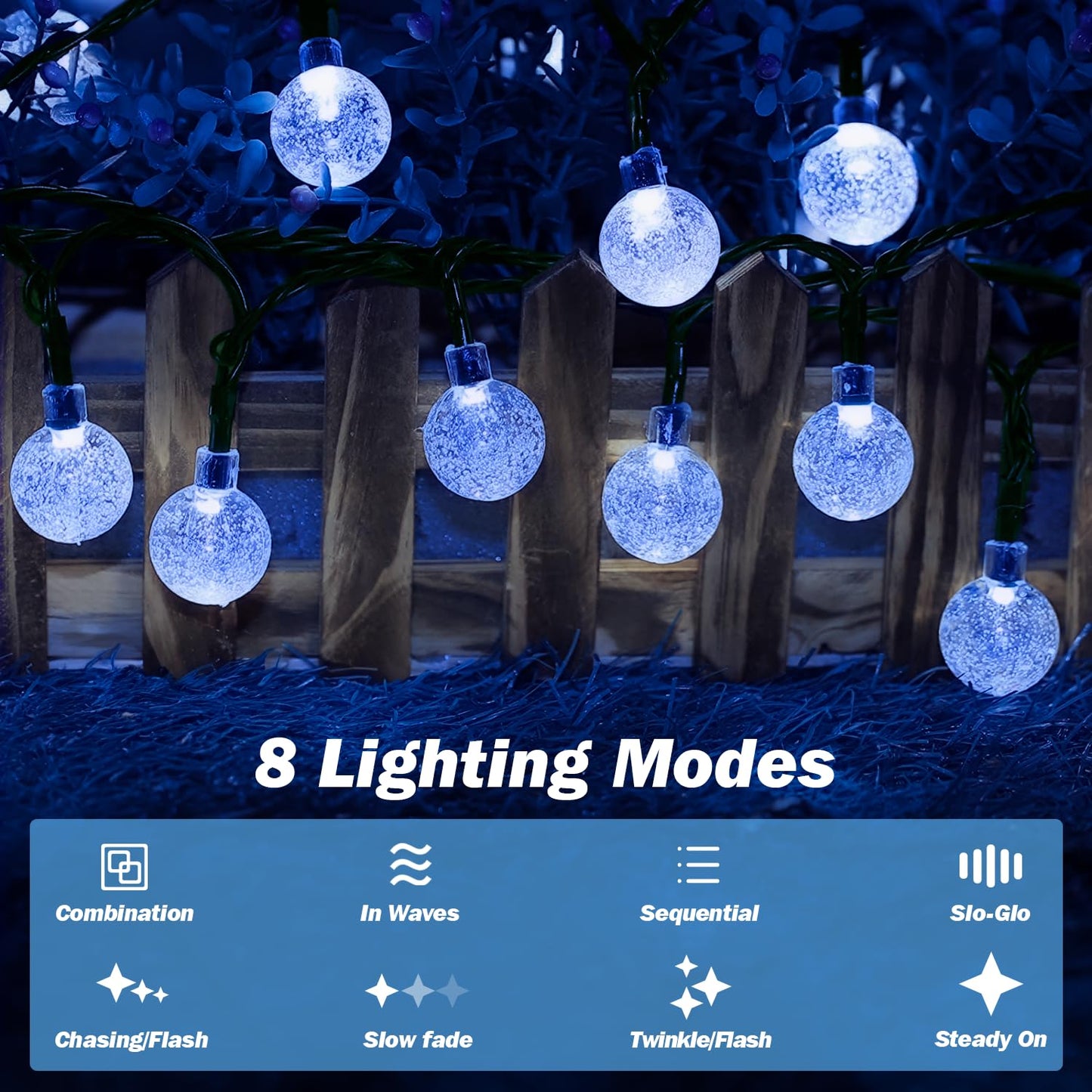 USOKYO Solar Lights Outdoor Waterproof, 2 Pack Total 200LED 110FT Solar String Lights for Outside with 8 Modes, Outdoor String Lights Crystal Globe Patio Lights for Garden Yard Party Decor(Blue)