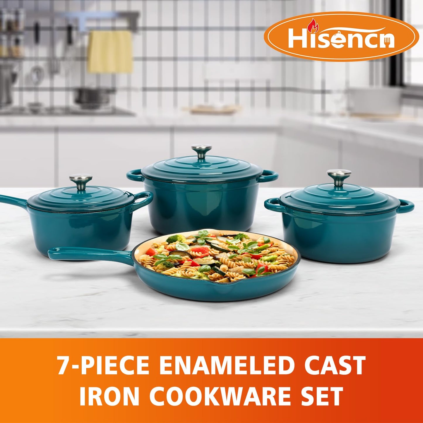 Hisencn 7-Piece Enameled Cast Iron Cookware Set-Dutch Ovens, Skillet & Saucepan with Lids- Ceramic Coated, Heavy Duty, Gas/Induction Compatible, Oven Safe to 550°F, PFOA-Free, Biscay Blue