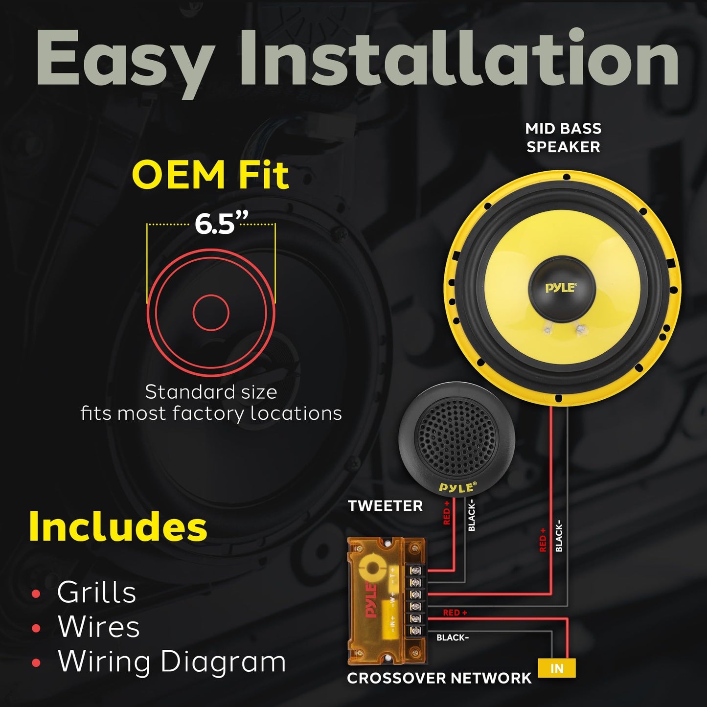 Pyle 2 Way Custom Component Speaker System - 6.5” 400 Watt, with Electroplated Plastic Basket, Butyl Rubber Surround & 40 Oz Magnet Structure - Wire Installation Hardware Set Included - PLG6C, Yellow
