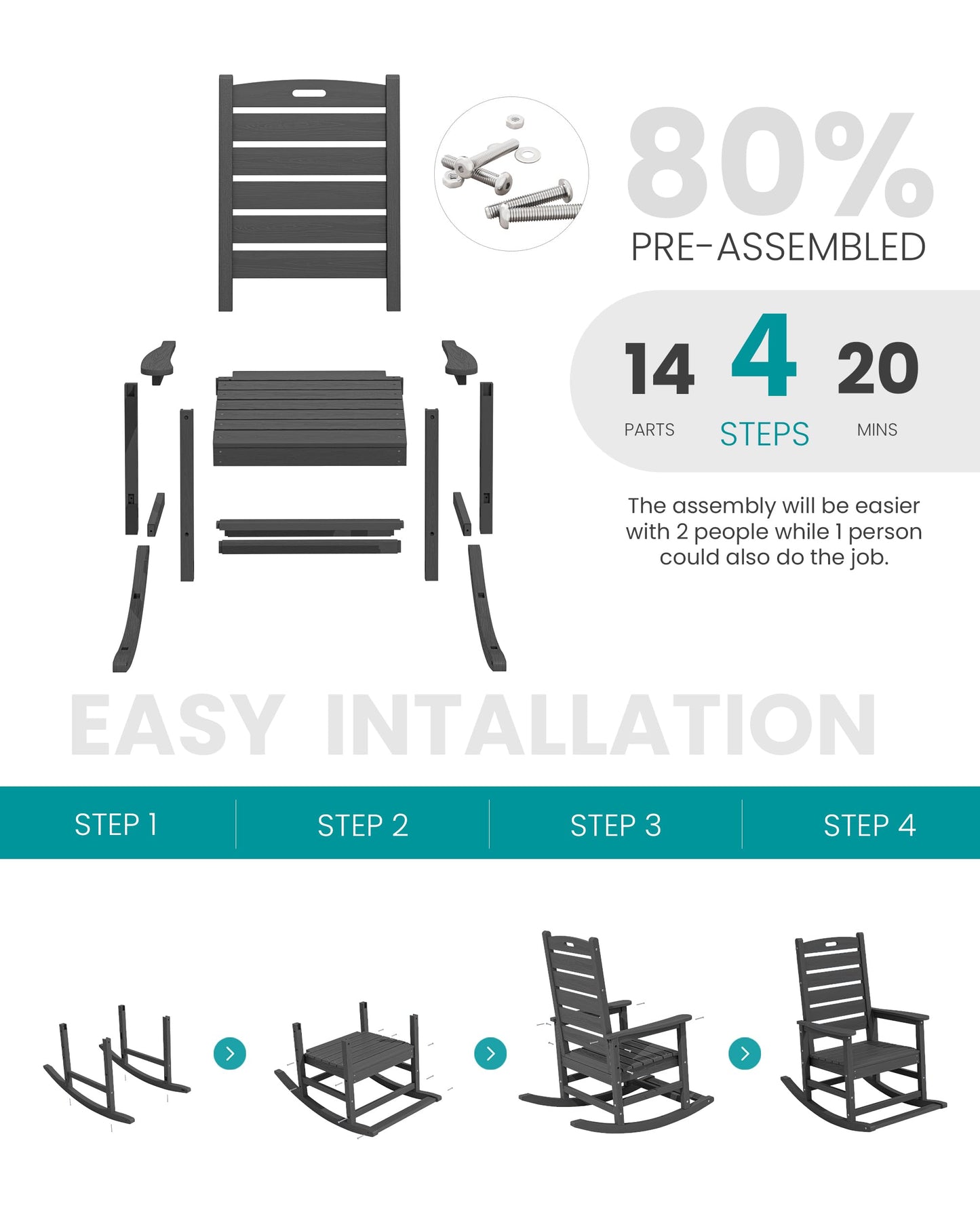 SERWALL Outdoor Rocking Chair, Oversized Rocking Chair with Footrest for Adults, HDPE All Weather Resistant Rocking Chairs for Patio, 350lbs Weight Capacity, Gray