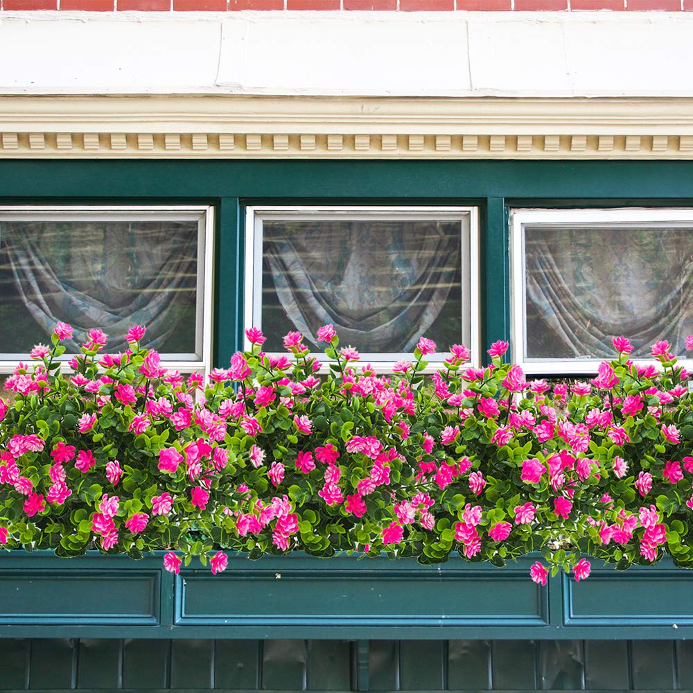 Grunyia 10 Bundles Artificial Fake Flowers, Faux Outdoor Plastic Plants UV Resistant Shrubs Outside Indoor Decorations (Pink-Eucalyptus)