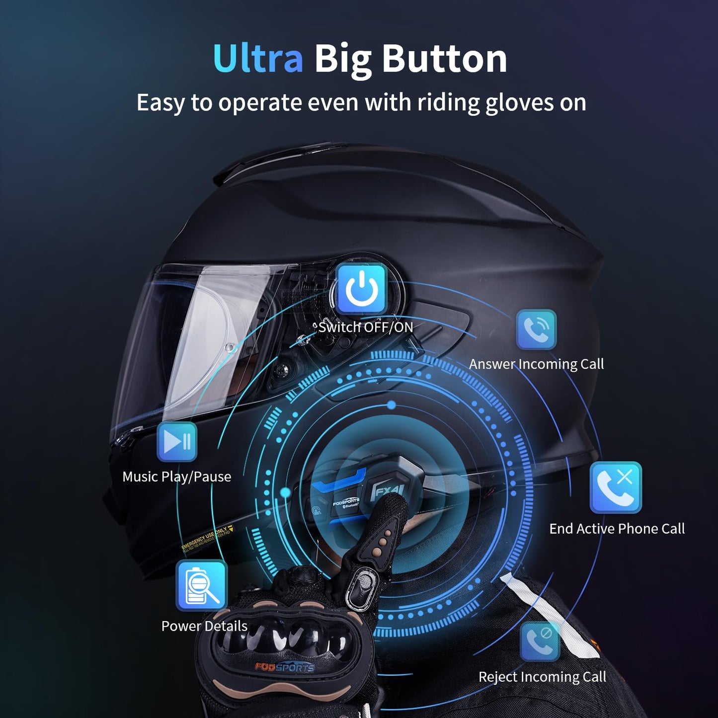 Fodsports Motorcycle Bluetooth Intercom FX4 Pro 1200m Helmet Intercom, 4 Riders Motorcycle Bluetooth Headset, Helmet Communication System FM/Hard &Soft Mic/2Pack