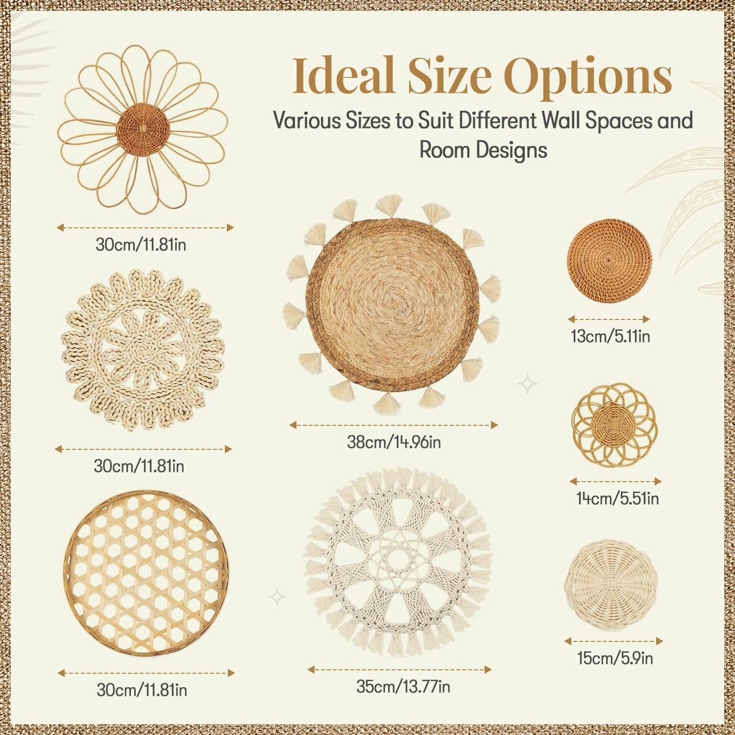 Boho Wall Basket Decor Set of 8 – Handmade Woven Seagrass & Rattan Wall Decor with Macrame Tapestry – Flat Round Boho Wall Art for Living Room, Bedroom, Kitchen, Wedding or Bohemian Wall Display