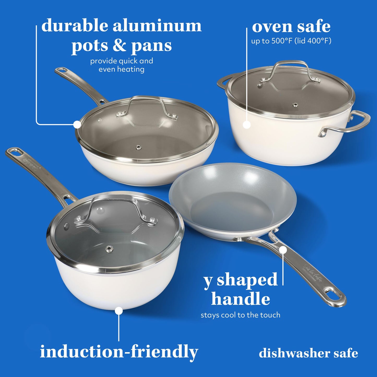 Sur La Table Kitchen Essentials 10 Piece PFA Free Non-Toxic Titanium Ceramic Nonstick Interior Forged Aluminum Cookware Pots and Pans Set - Linen White - Induction Compatible