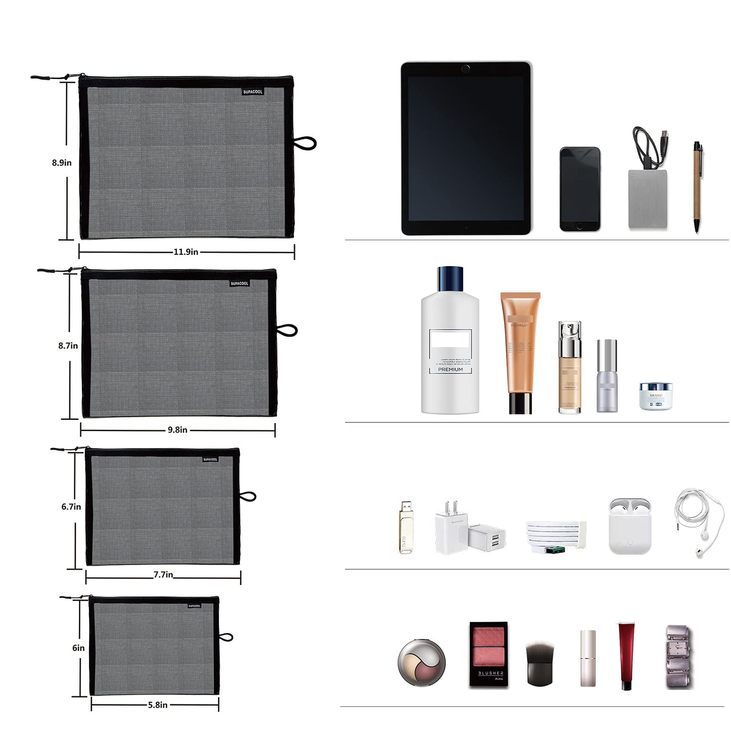 SUPACOOL Set of 4 Travel Mesh Makeup Bag, Cosmetic Organizer Pouches with Zipper, Diaper Organizing Pouches, Nylon Toiletries Bag for Women and Men(4pcs, Black)