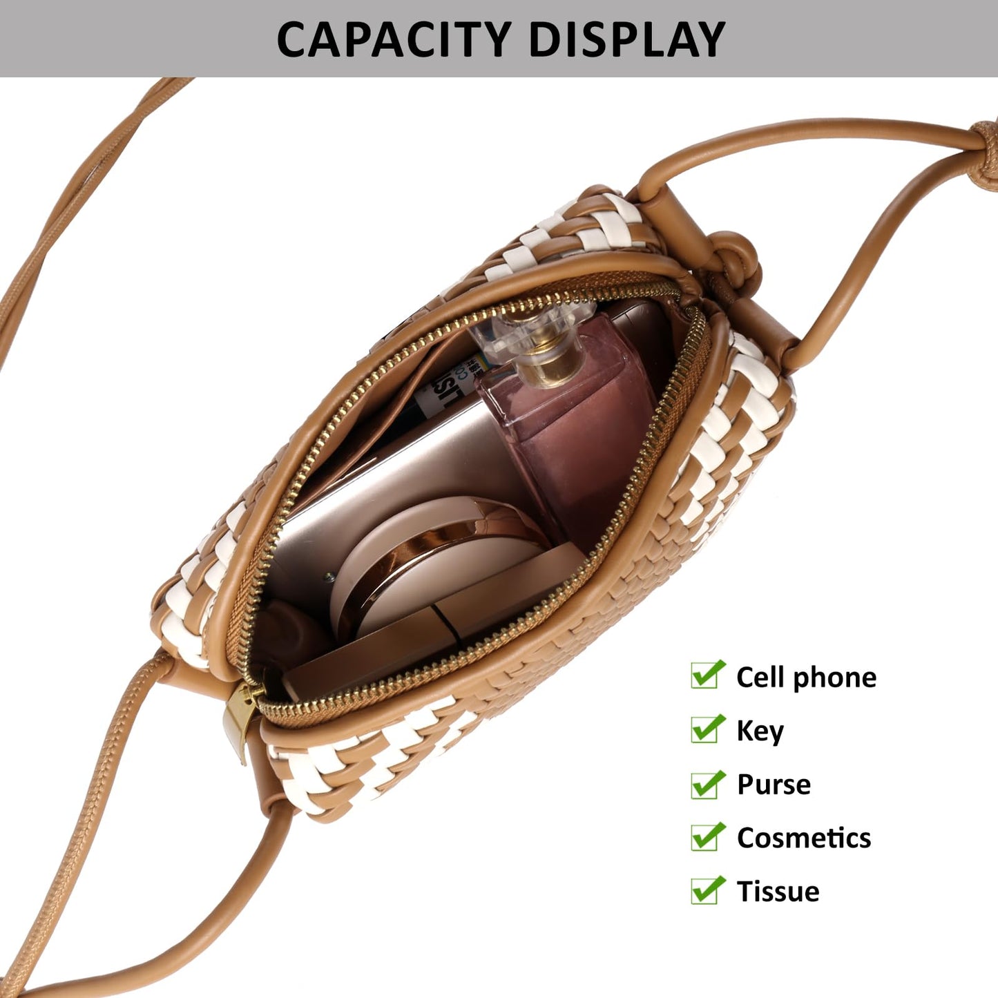 Crossbody Bag for Women Trendy Woven Purse Vegan Leather Small Shoulder Handbags with Strap (Brown and White)
