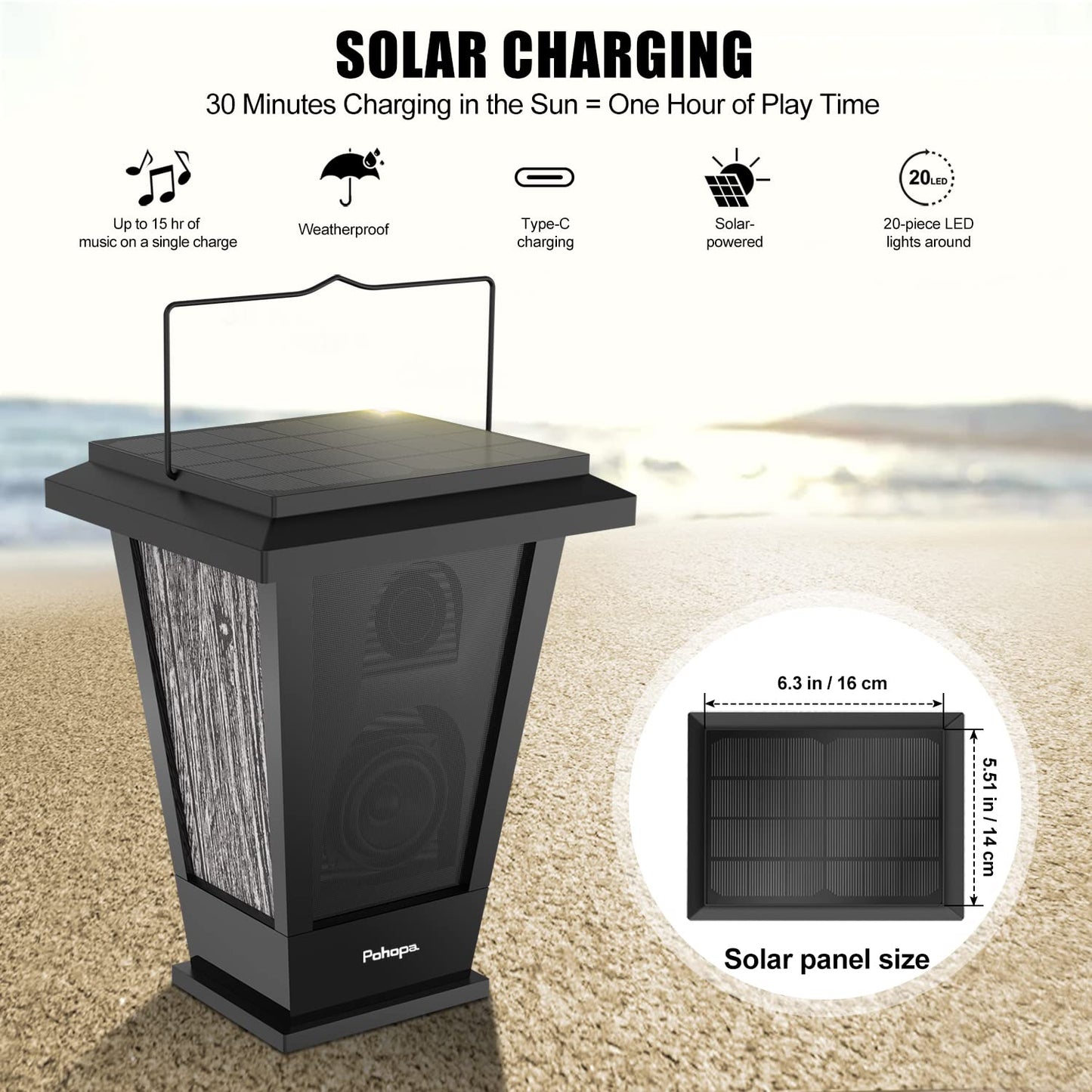 pohopa Bluetooth Speakers Waterproof, Solar Powered 2 Packs True Wireless Stereo Sound 20W Dual Pairing Lantern Indoor Outdoor Speakers with 20 Piece LED Lights, Richer Bass, Black