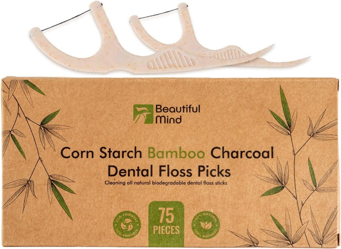 Organic Dental Floss Picks - Natural Biodegradable Floss Sticks with Strong Bamboo Charcoal Thread & Vegan Corn Starch Handle - No Plastics & No Artificial Flavours