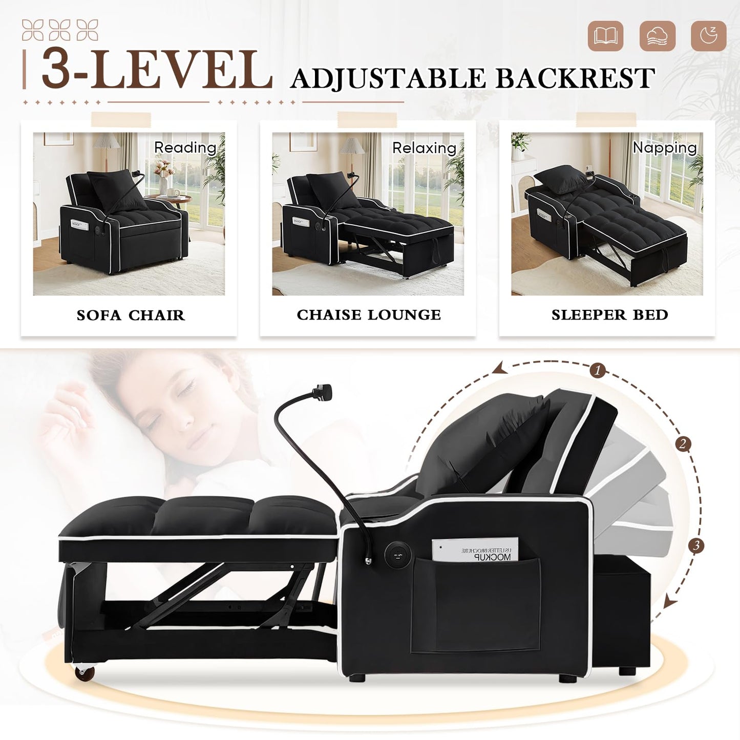 Convertible Sleeper Chair Sofa Bed,3 in 1 Velvet Tufted Pull Out Couch with Swivel Phone Holder & USB Ports,Futon Small Couch Bed w Cup Holders & Adjustable Backrest for Living Room,Small Place(Black)