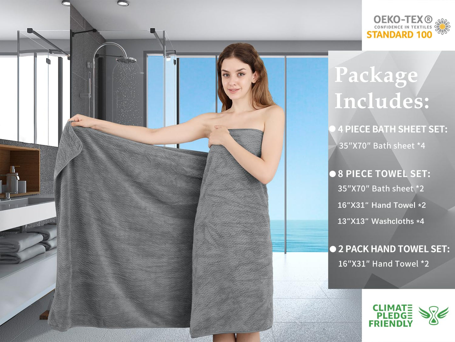 4 Piece Oversized Bath Sheet Set 35"x70" Grey - Extra Large Highly Absorbent Quick Dry Premium Towels for Bathroom, Spa, Gym, Hotel - 600GSM Shower Towel for Daily Use