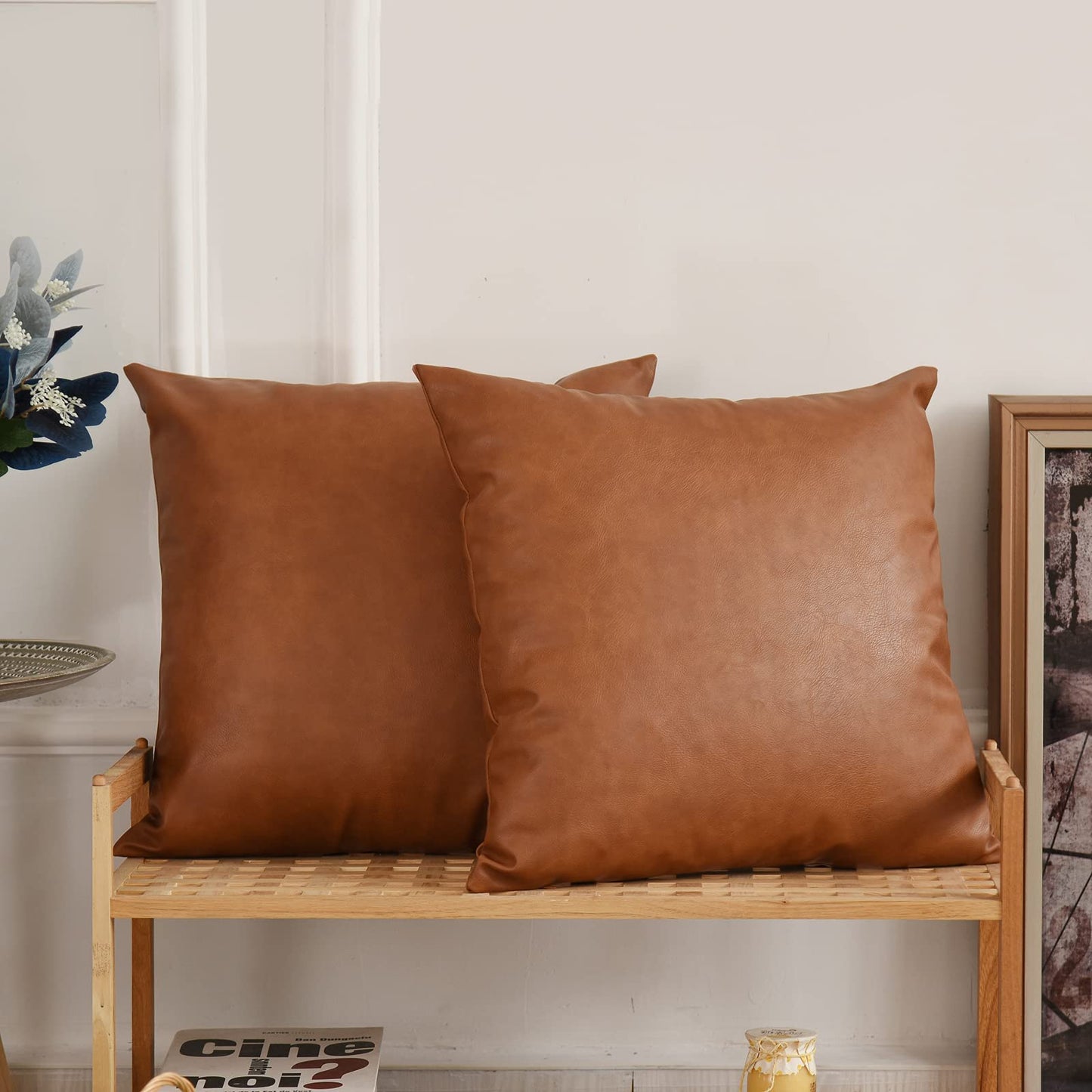 Tosewever Faux Leather Throw Pillow Covers, 16 x 16 inch Set of 2 Luxury Cognac Brown Modern Pillowcases Solid Decorative Square Cushion Cases for Bedroom Living Room Couch Bed Sofa (Brown, 16" x 16")
