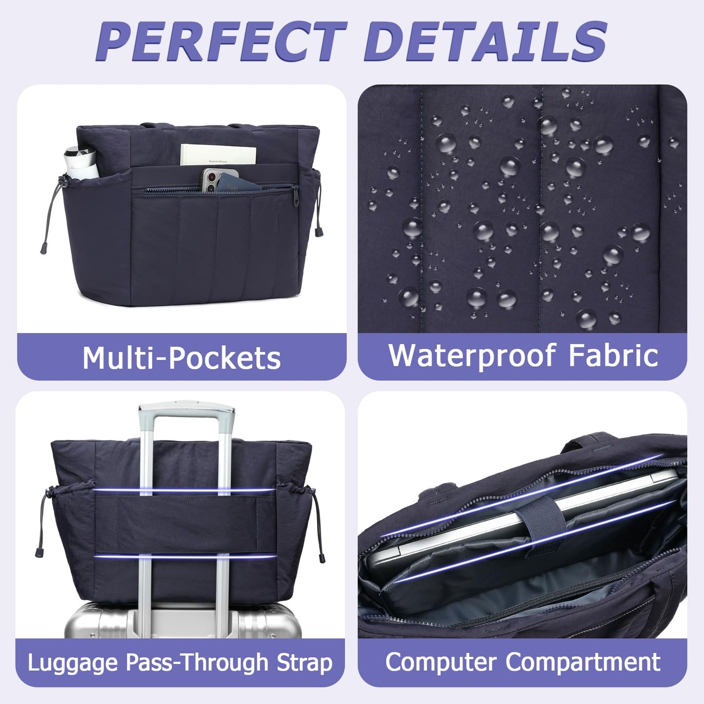 Tote Bag for Women, Lightweight Puffer Tote Bag with Compartments, Quilted Shoulder Bag Handbag with Zipper for Work Blue (2 Pack)