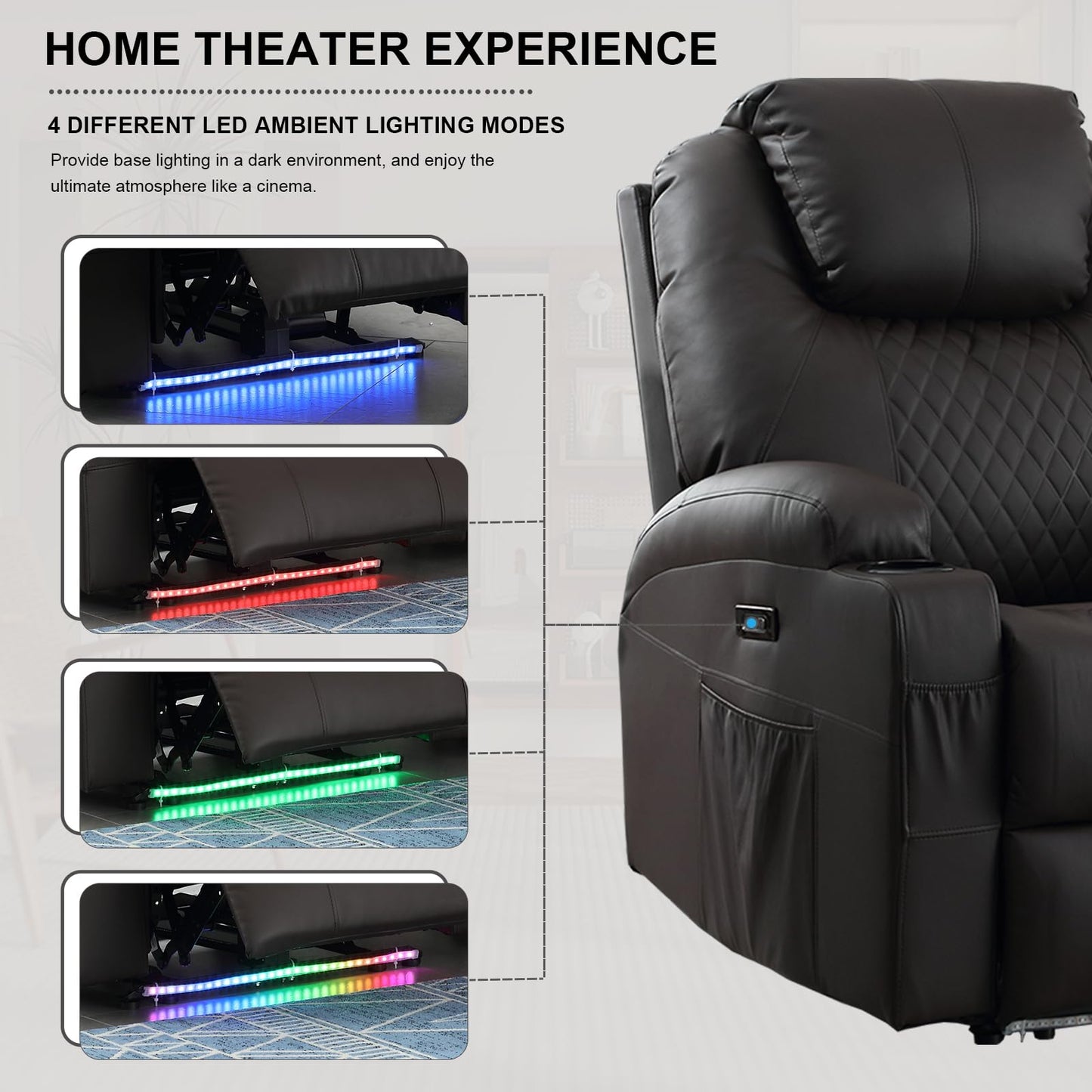 IBTKIG Power Recliner Chair with Heat and Massage, PU Leather Home Theater Seating with LED Lights/Cup Holders/Side Pocket/USB Port, Reclining Sofa Chair for Living Room (1, Brown)