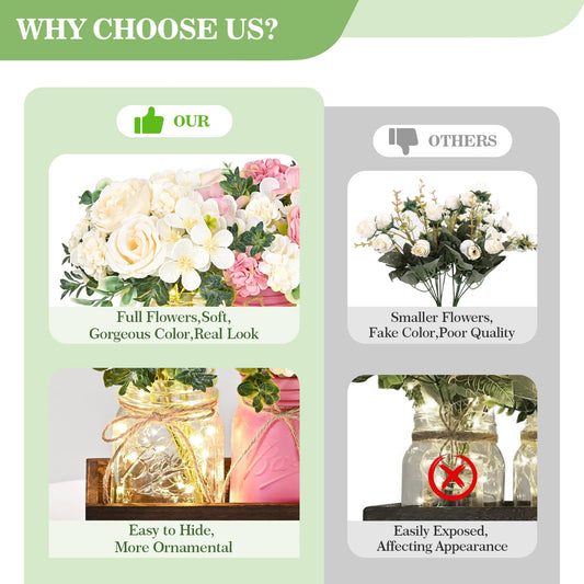 BLEUM CADE Centerpiece Table Decorations - 3Pcs Roses Artificial Flowers in Mason Jars with Wood Tray for Dining Table Coffee Table Farmhouse Home Decor