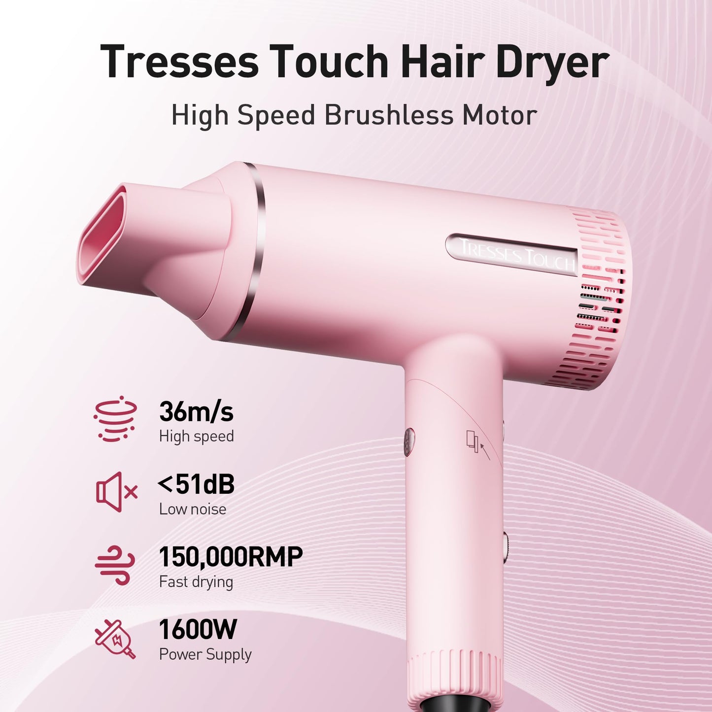 Foldable Hair Dryer, 1600W Professional Ionic Hair Blow Dryer with Nozzle for Women & Men, 3 Temps/3 Speeds, 6.56 Ft Cord, LCD Display, Best for Straight & Wavy Hair, for Home Travel, Pink