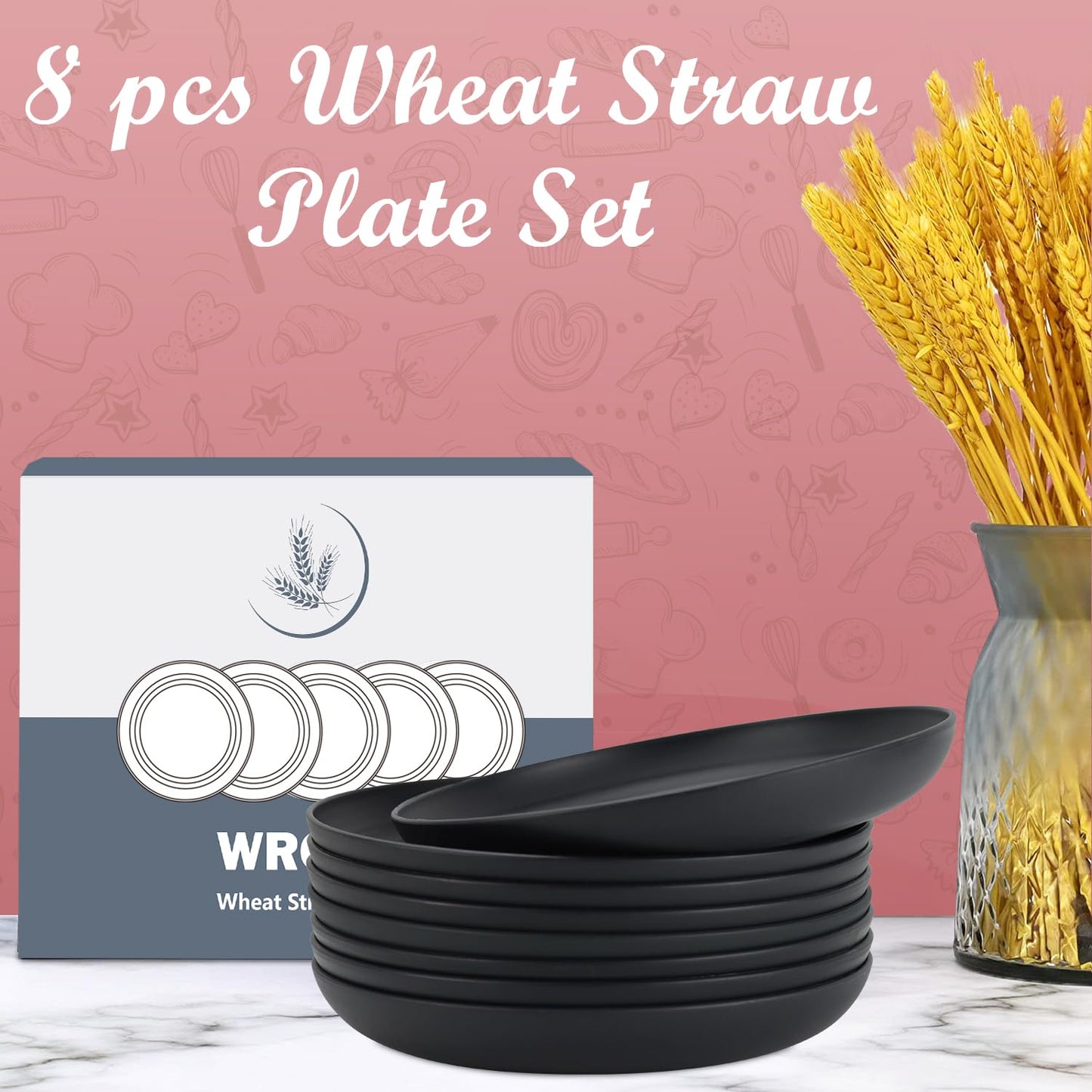 Wrova Wheat Straw Plates - 8 Inch Unbreakable Dinner Plates Set of 8 - Dishwasher & Microwave Safe Plastic Plates Reusable - Lightweight Plates for kitchen,R.V (pure black)