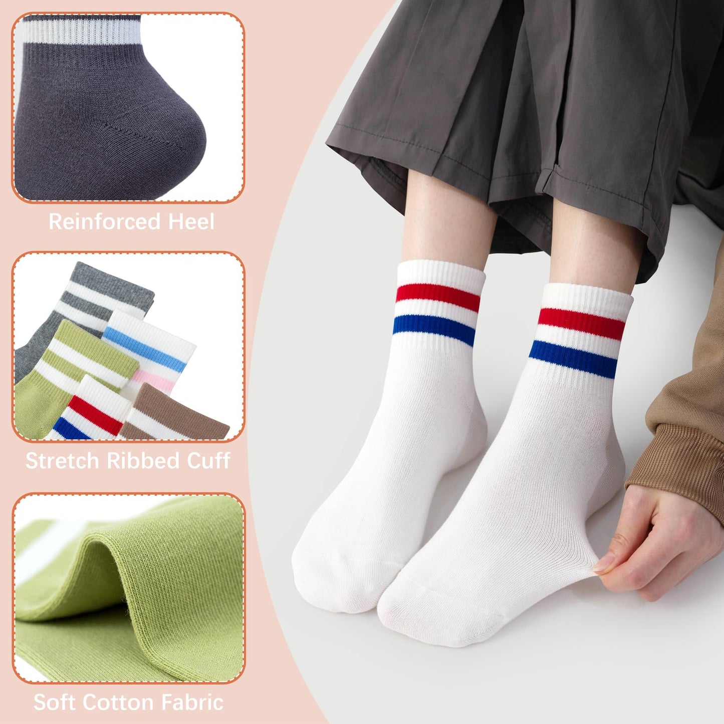 SISOSOCK Quarter Crew Cotton Socks for Women Striped Athletic Casual Breathable Socks 6-10 Pairs with Gifts Box