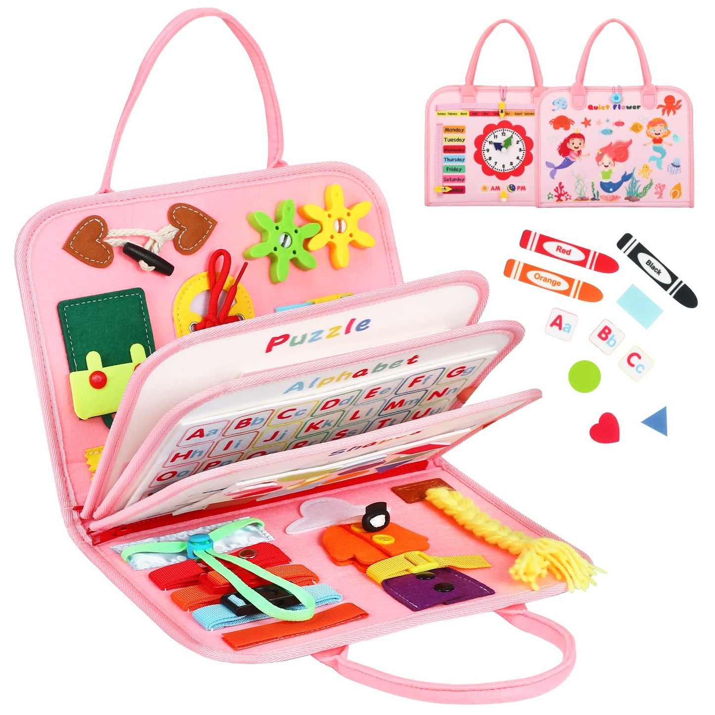 8 in 1 Toddler Busy Board for 1 Years Old, Montessori Toy Busy Book for Toddlers 1-3 Educational Learning Toy Activity for Basic Motor Skills, Kid Travel Essential 2-4 Yr Birthday Gift for Girl(Pink)