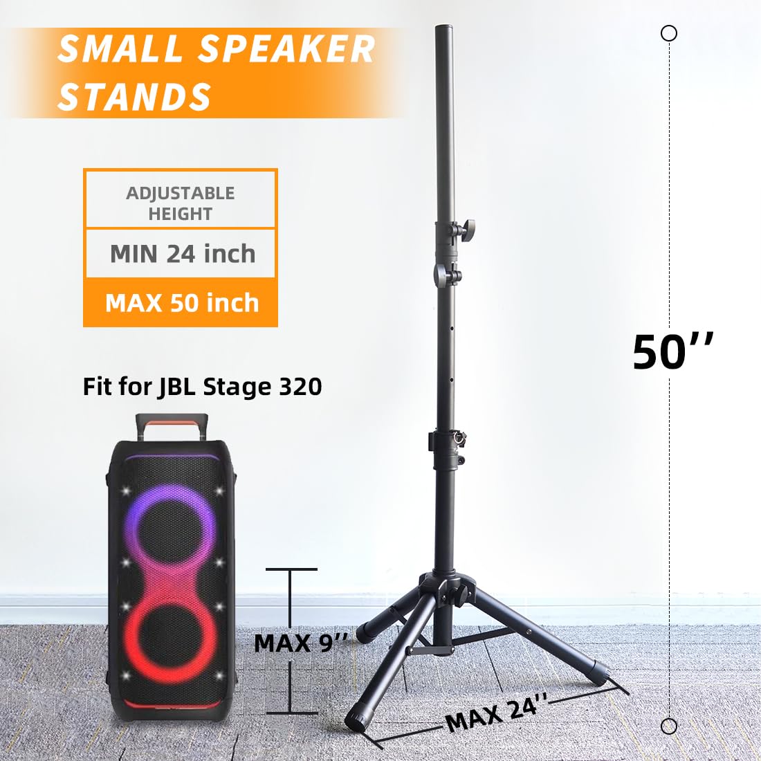 Small Speaker Stands 2 Pack, 24-50 Inch Height Adjustable Speaker Tripod Stand Pair, Lightweight 35mm Compatible Insert, Support 55 LB with 2 Storage Bags