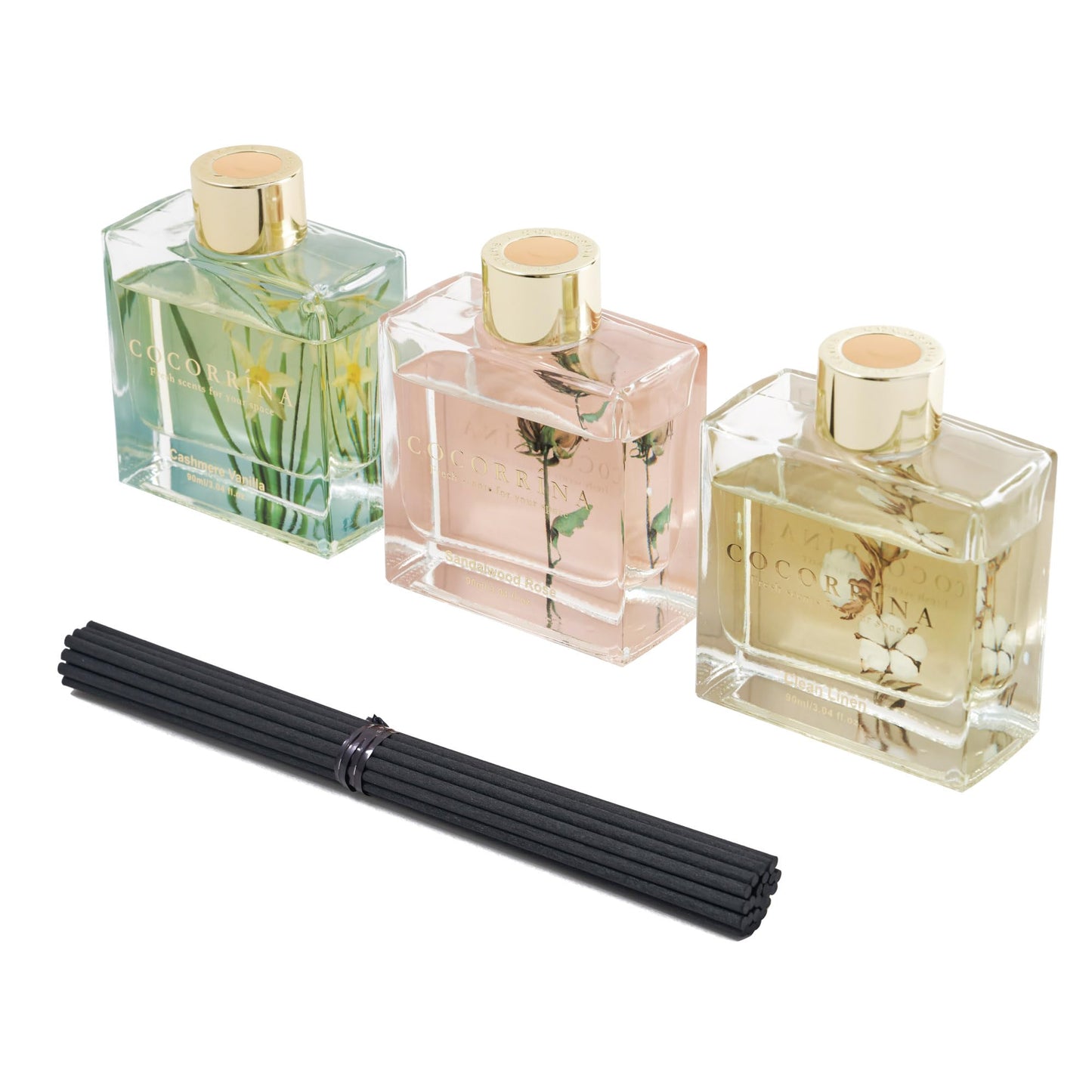 COCORRÍNA Reed Diffuser Set of 3-3 Pack/ 3.04 Fl.oz Diffuser with 24 Sticks Cashmere Vanilla/Sandalwood Rose/Clean Linen Reed Diffuser for Home Bathroom Office Decor