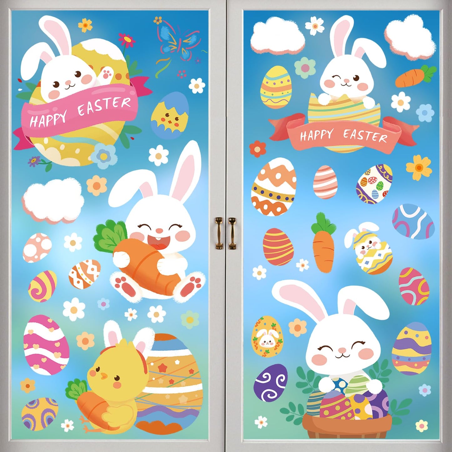 Easter Decorations Window Clings - 9 Sheets of Easter Window Stickers for Glass Windows - Spring Window Clings for Easter Decor - Perfect Easter Gifts (Cute Bunny)
