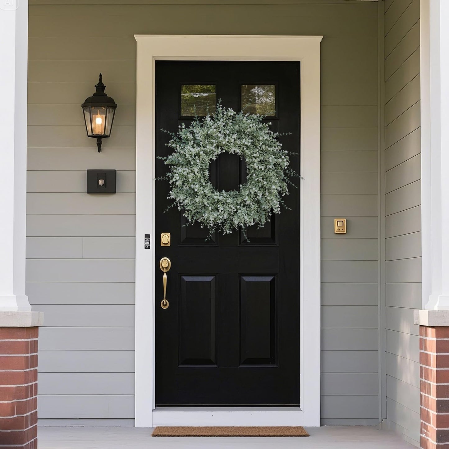 26'' Large Eucalyptus Wreath for Front Door, Porch- Artificial Eucalyptus and Lavender with Babys Breath Flowers Wreath for Home, Farmhouse Wall Decor- Spring, Summer, Fall, All Seasons (White-Green)