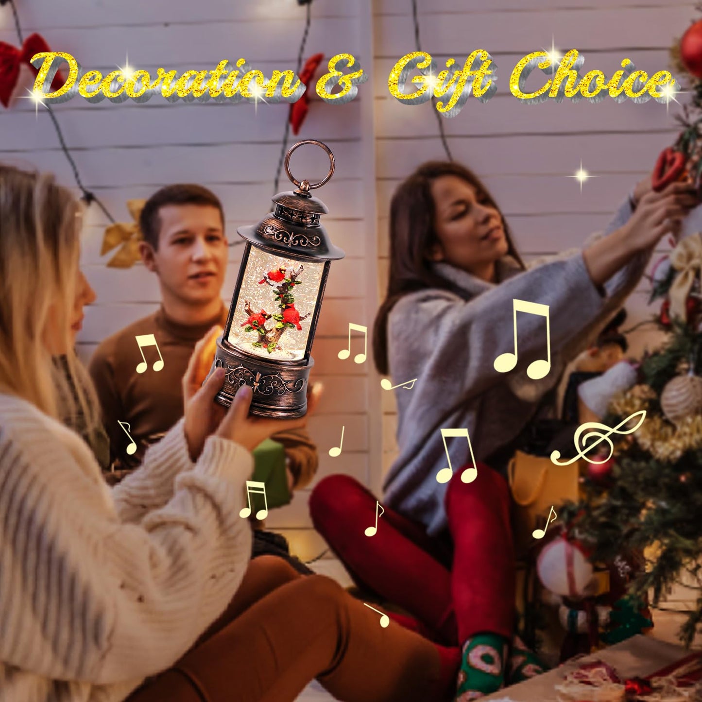 sinofayar Christmas Snow Globes,Glittering Cardinal Lantern with 6h Timer & 8 Music Songs,USB Battery Operated Box for Decorations Indoor Tabletop Gifts