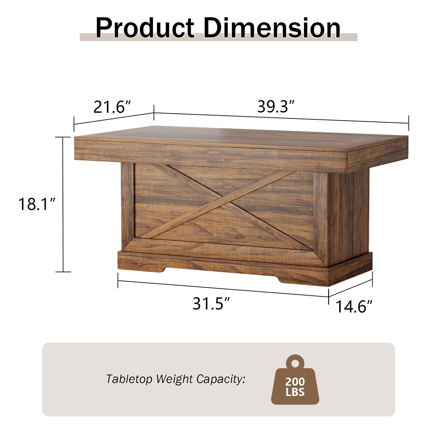 Lareth Coffee Table 39 in Rustic Center Table with X-Design Wooden Pedestal for Living Room, Space Saving, Easy Assembly Rectangle Home Office Tea Accent Table for Dining Room Apartment, Walnut