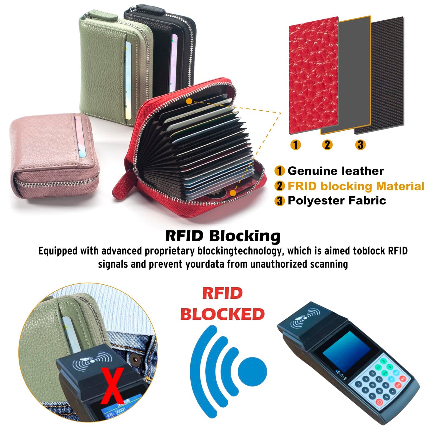 GHGMAO Credit Card Holder Accordion Wallet for Women Small Genuine Leather Wallets Ladies RFID Blocking Card Cases Holder Card Organizer Security Travel Wallet with Zipper