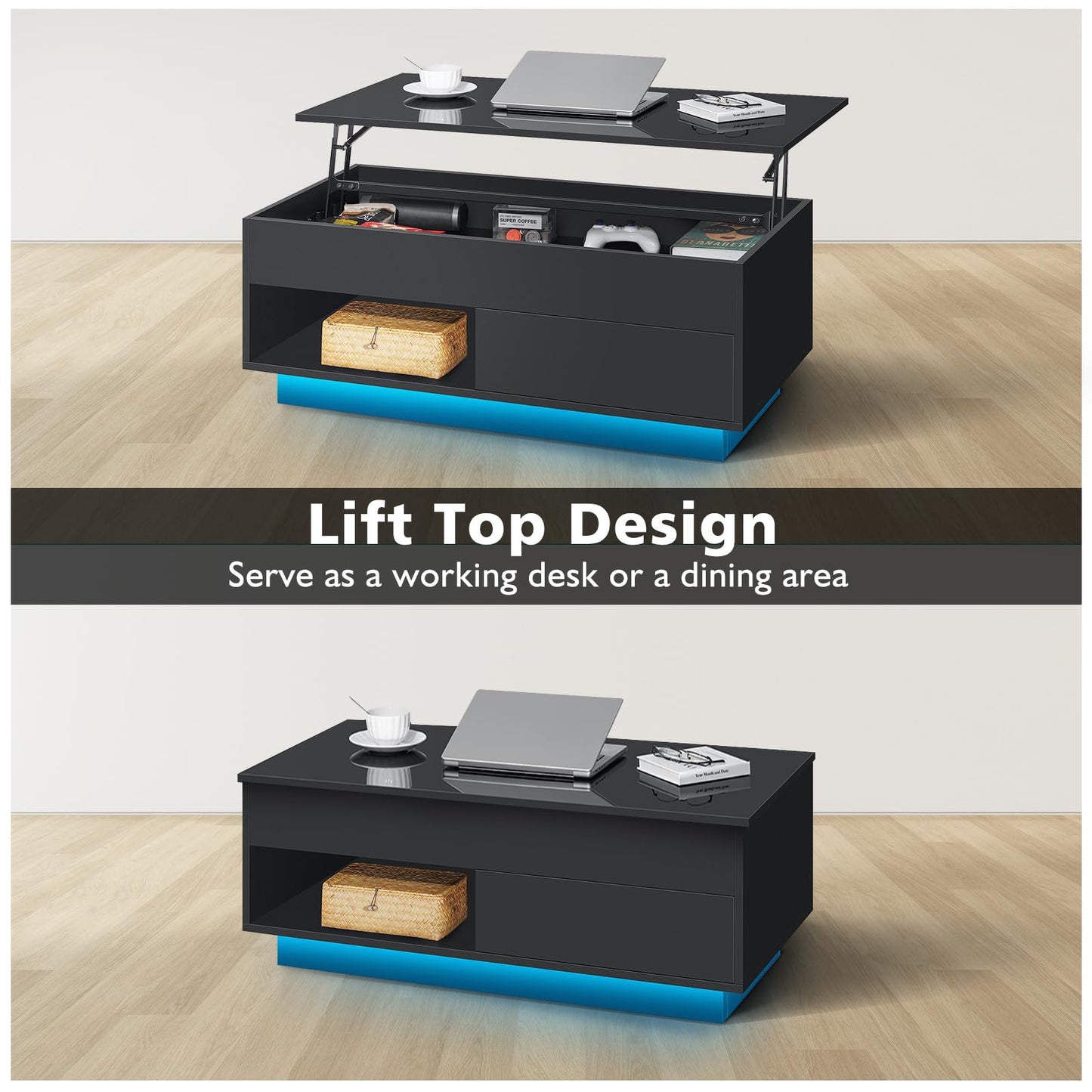 LED Coffee Table Black Lift Top Coffee Table with Storage Modern Tea Table with Drawer Lift Up Dining Center Table with LED Light for Living Room Home Office