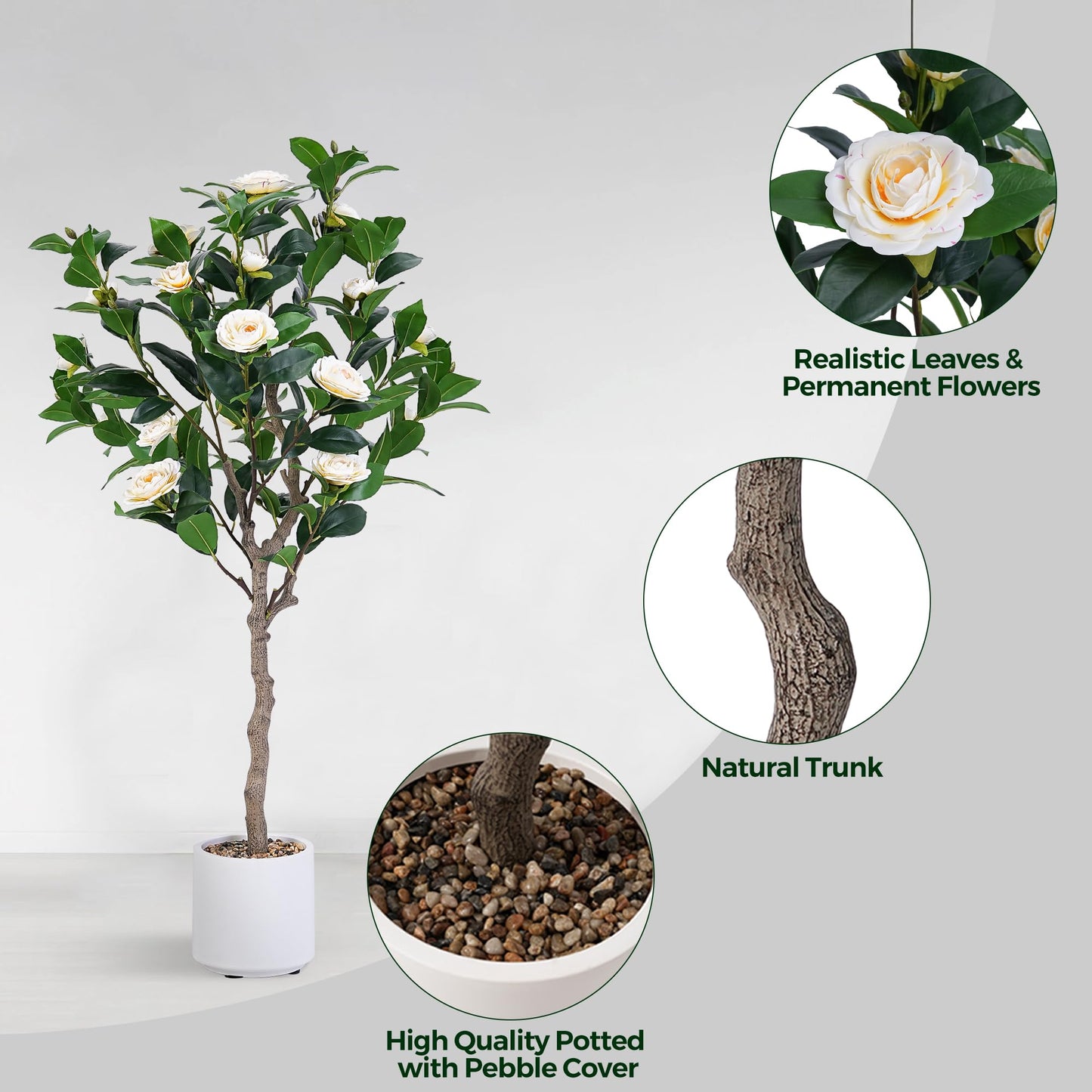 Jocoevol Artificial Camellia Tree 4ft, 2 Pack Indoor Fake Plant with Realistic Trunk, Leaves, Flowers and White Planter, Faux Potted Tree for Home Decor and Housewarming Gift