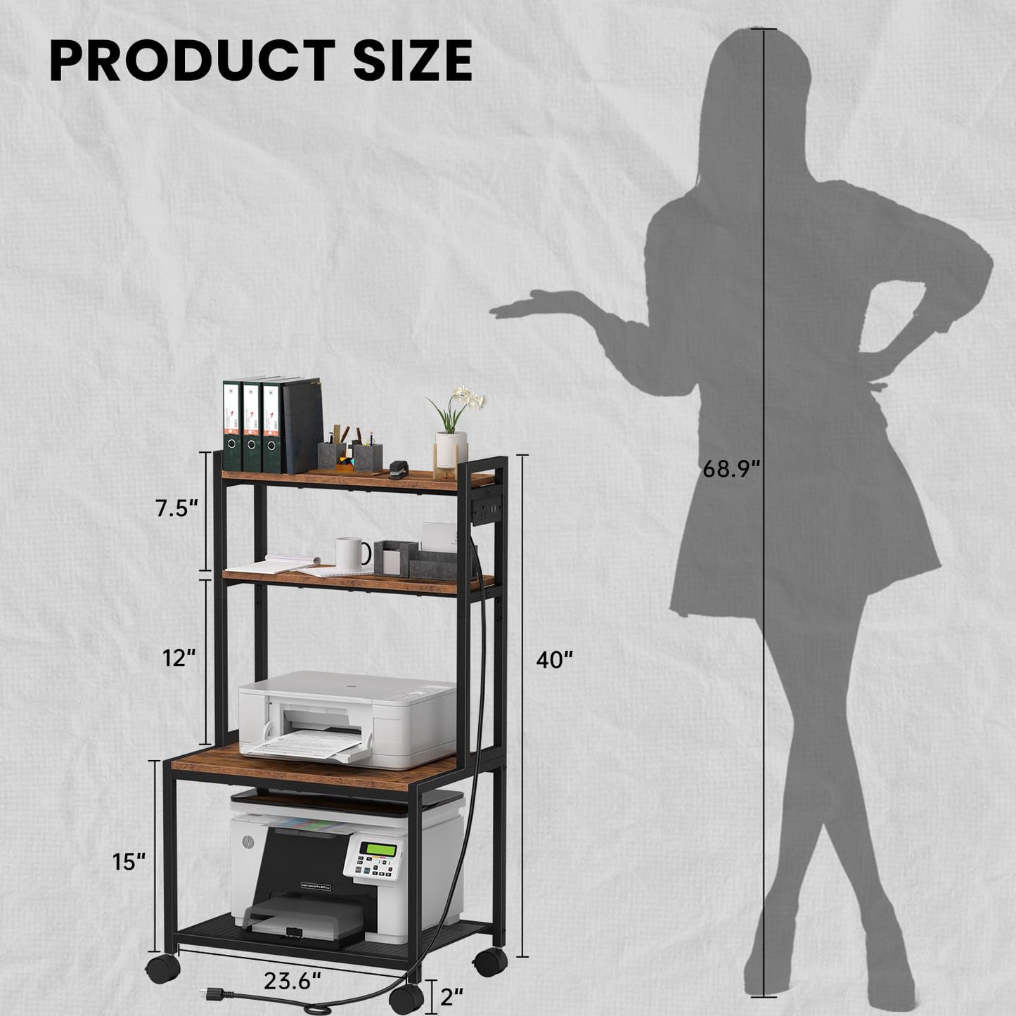 Asgolion Large Printer Stand with Storage, 4 Tier Table with Wheels for Home Office, Beside Desk for Printer, Scanner, Fax, Rustic Brown