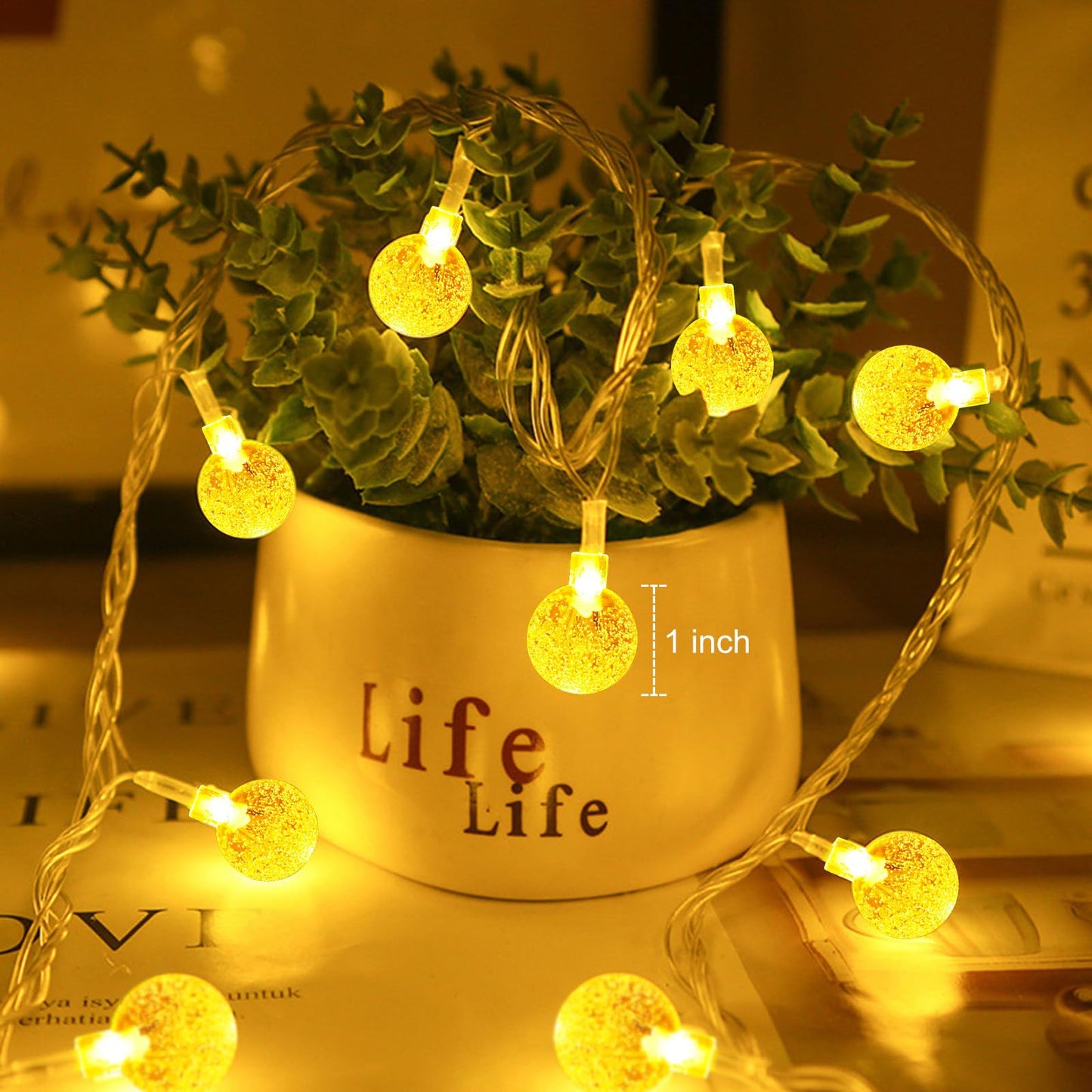 Minetom Globe String Lights - Plug in 33 ft 100 LED Crystal Globe Fairy Lights with 8 Lighting Modes and Remote for Patio Yard Porch Garden Pool Tent Beach Bedroom Wedding Party Decor, Warm White