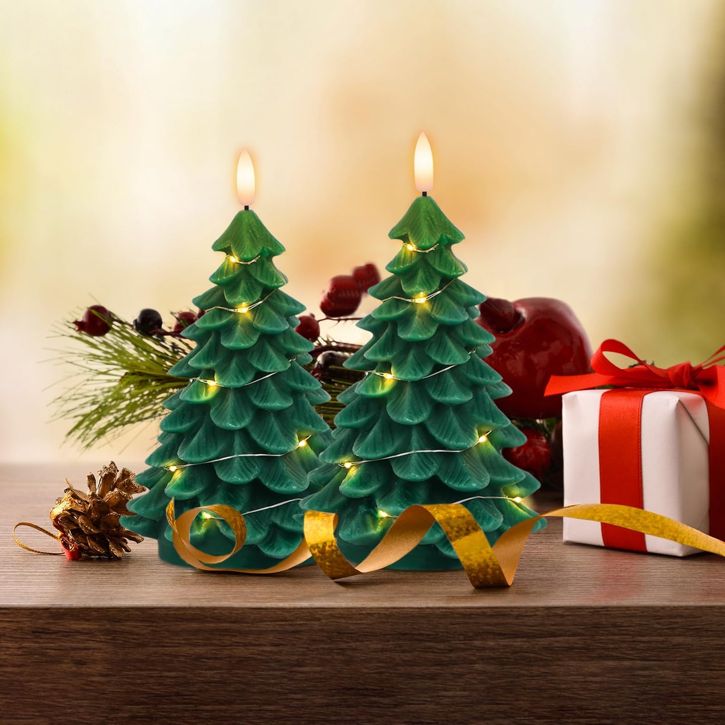KunSwenn Christmas Tree Candles, 2 Pack Christmas Taper Candles with Remote Timer, Real Wax LED Flameless Taper Candlesticks Battery Operated with String Light for Christmas Decorations