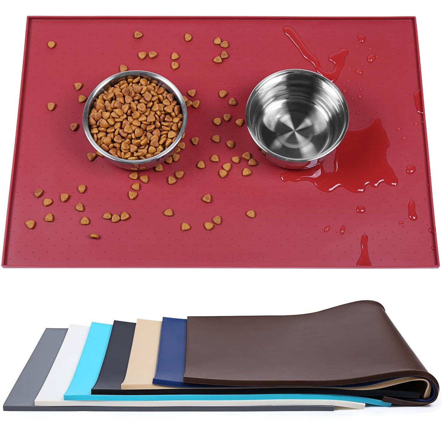 VIVAGLORY Dog Food Mat, Cat Dog Feeding Mat, Waterproof Non-Slip Food Grade Silicone Mat Placemat with Raised Edge, Anti-Messy Pet Bowl Mat for Food and Water, Burgundy, S(19"x12")