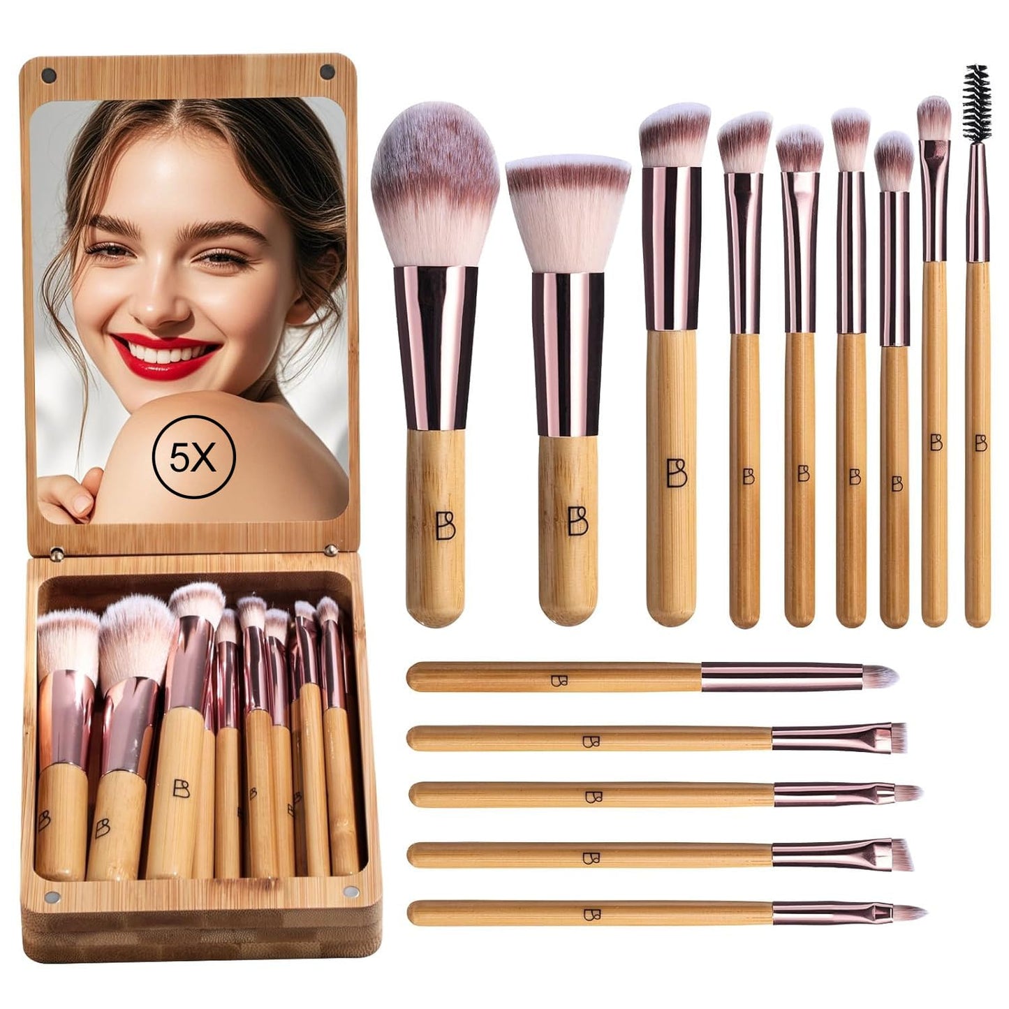 BS-MALL Travel Makeup Brush Set Bamboo Brushes Foundation Powder Concealers Eye Shadows Makeup Set with Mirror Case 14 Pcs