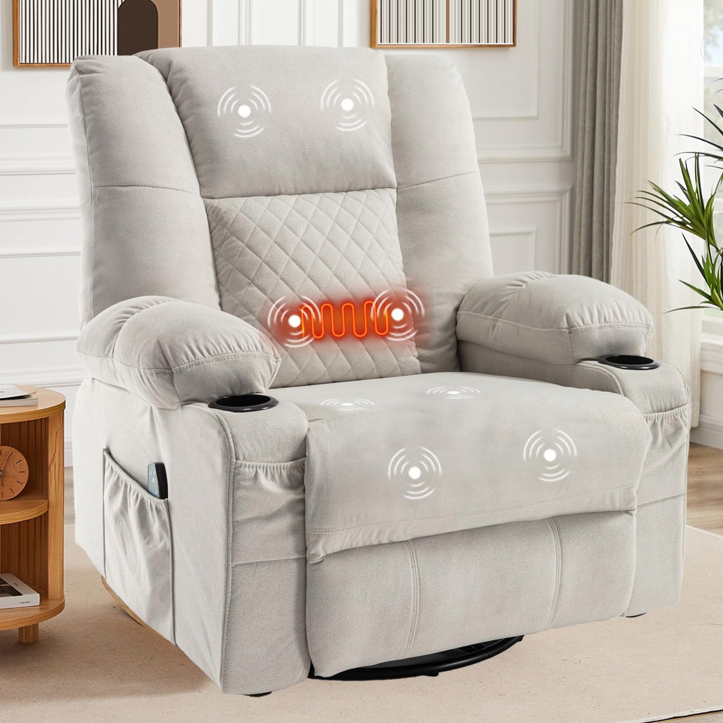 Swivel Recliner with Massage and Heat, Scratch-resistant Fabric Rocking Reclining Chairs for Adults, Overstuffed Recliners with Cup Holders, Modern Manual Rocker Recliner Chairs for Living Room, Beige