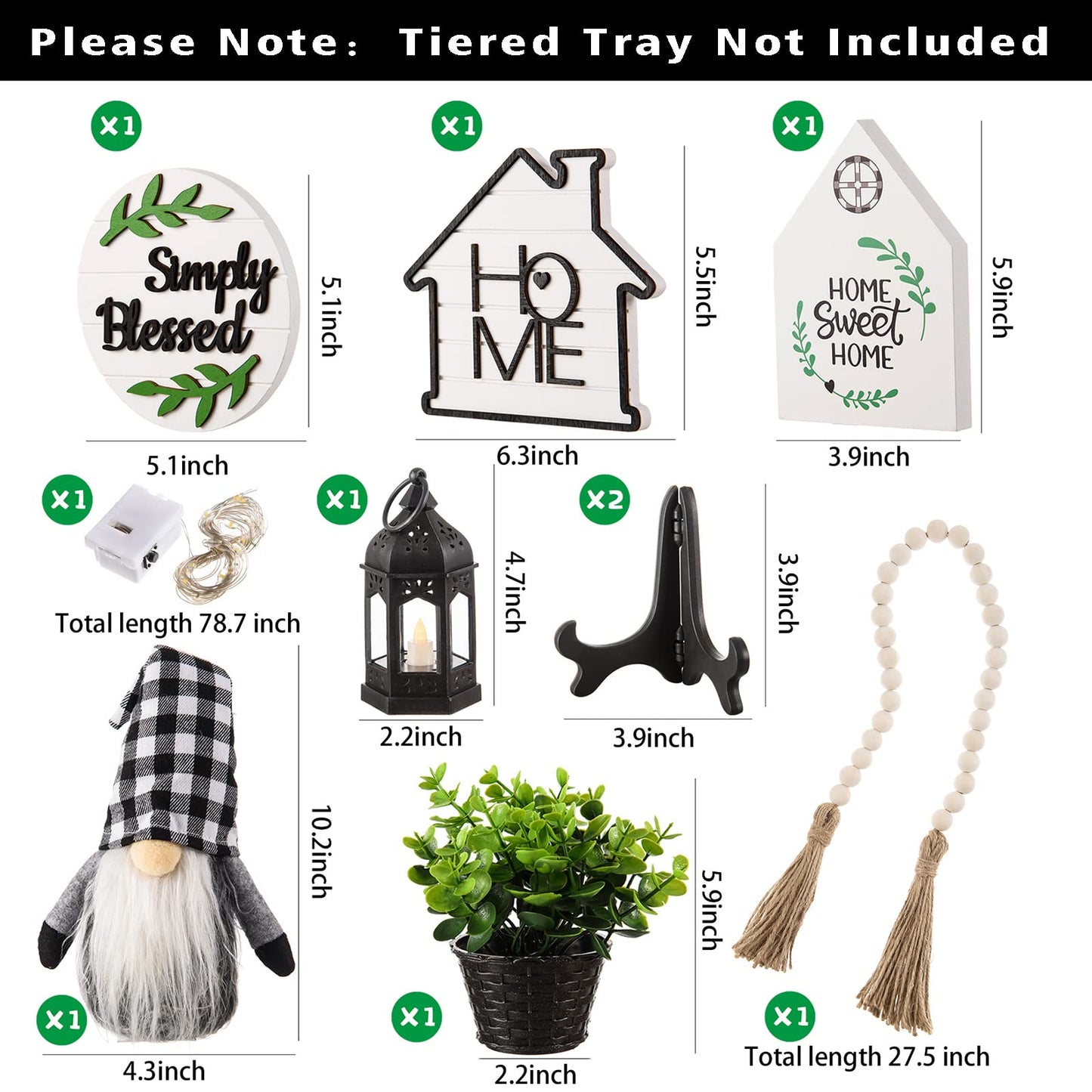 10 Pcs Farmhouse Tiered Tray Decor Rustic Wooden Home Decor Wood Bead Garland Sweet Wooden Sign with Artificial Succulents Plants Mini Candle Lantern for Farmhouse Home Kitchen(Tray Not Included)