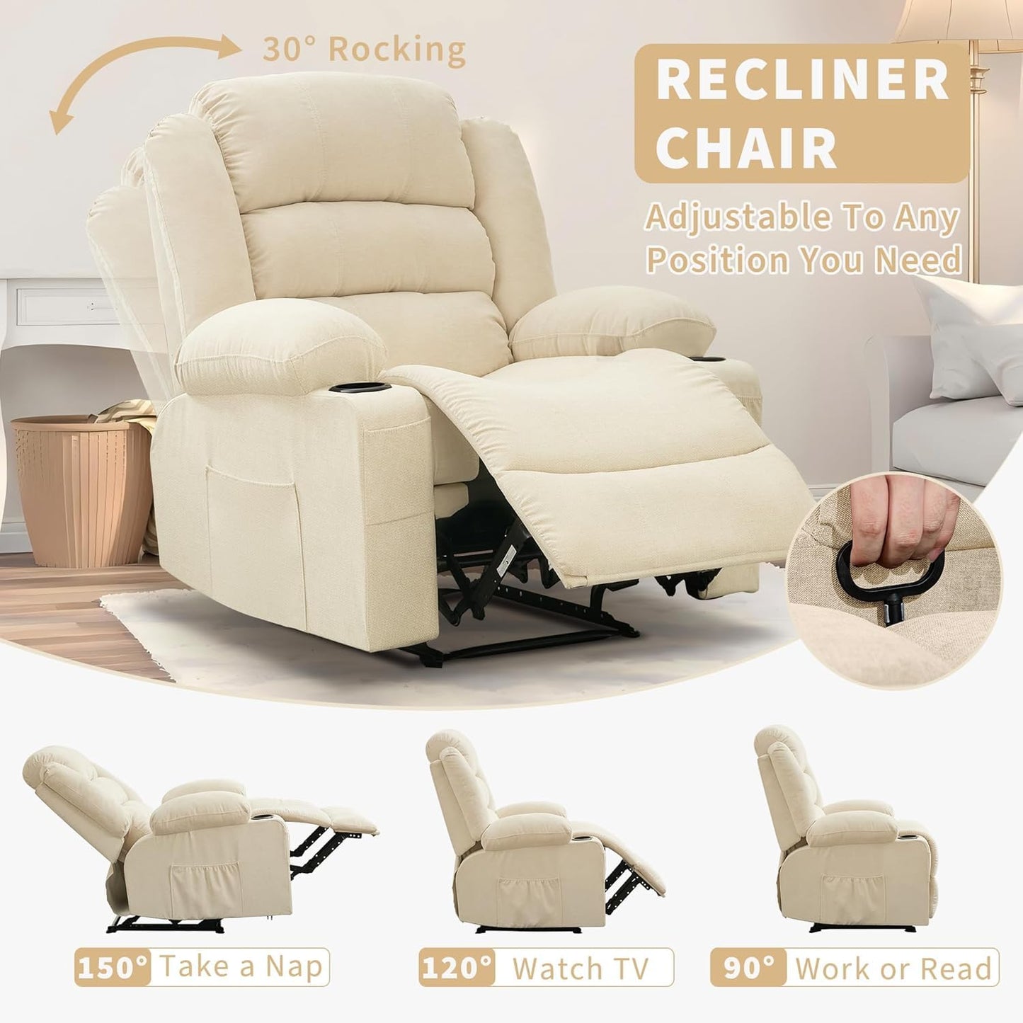 Massage Rocker Recliner Chair, Ergonomic Rocking Lounge Chair with Heat and Vibration for Living Room, Reclining Sofa with 2 Side Pocket, 2 Cup Holders（White）