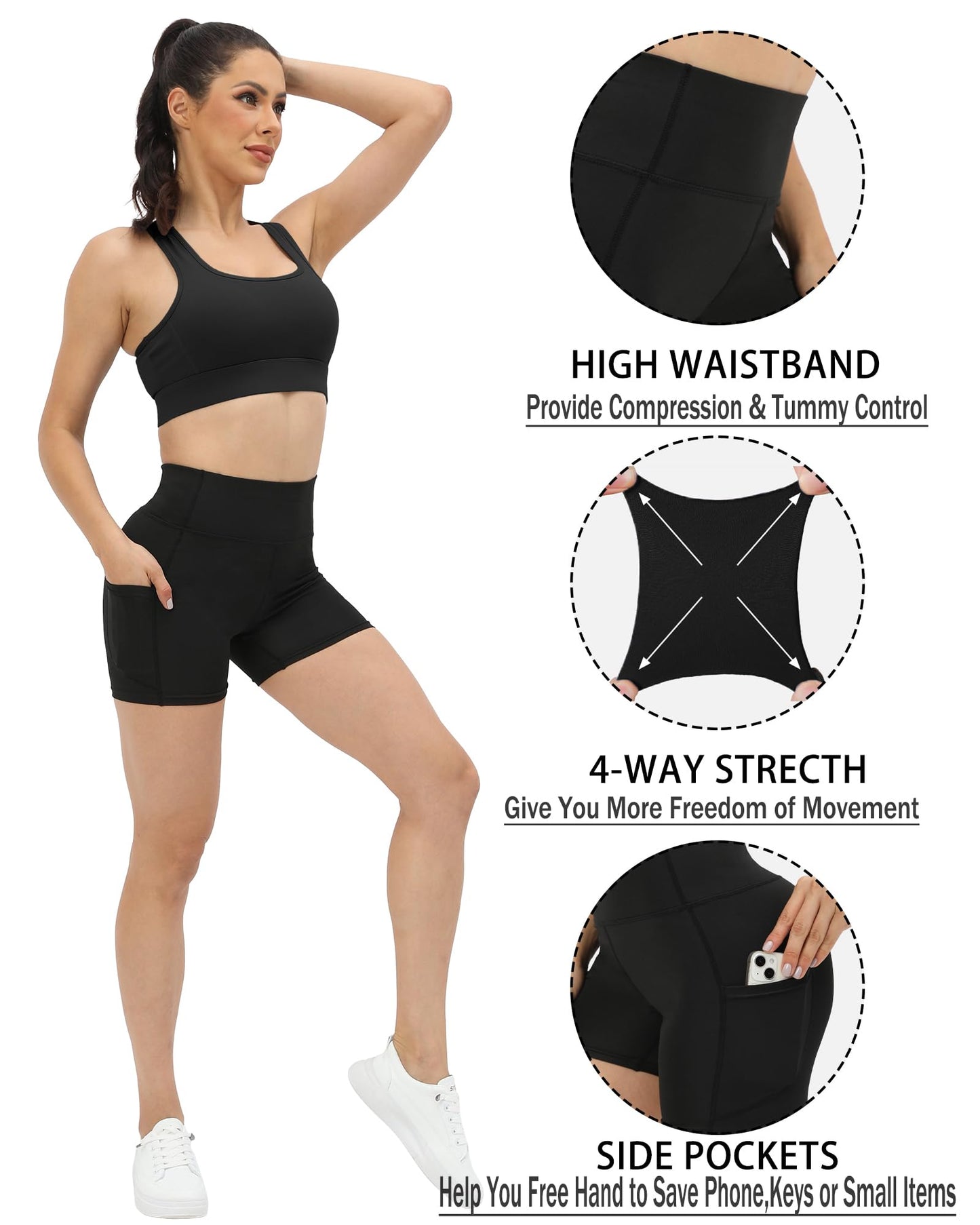 JCFSYXGS Workout Yoga Biker Shorts for Women with Pockets,Soft High Waisted Tummy Control Running Gym Shorts Black