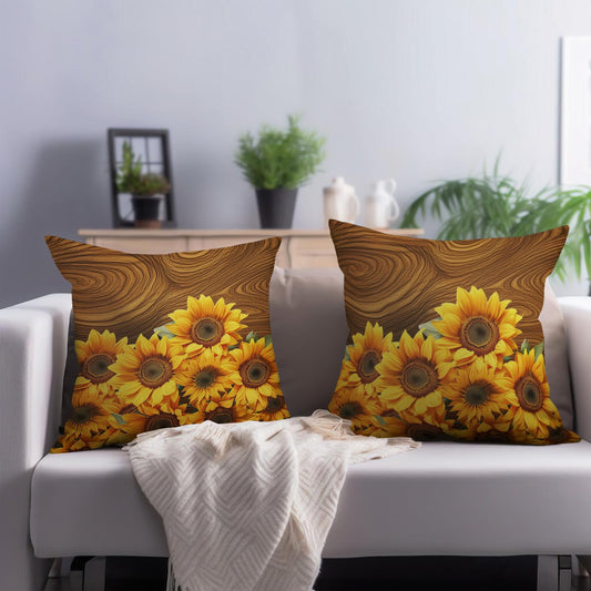 Cryfox Set of 2 Sunflower Throw Pillow Covers 18x18 Inch Summer Yellow Flowers Pillow Cover Vintage Brown Wooden Pillows Case Square Hidden Zipper Soft Decorative Cushion Case for Home Sofa Decor