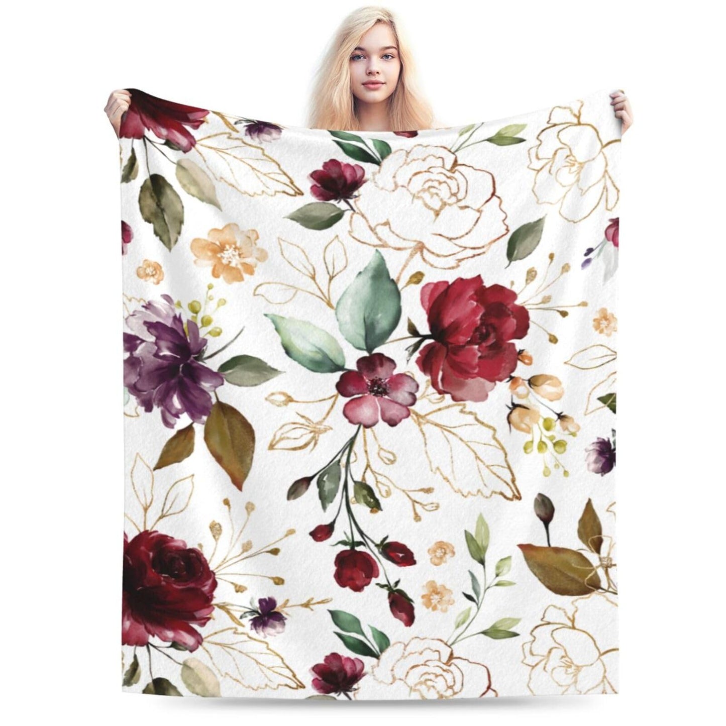 Trendy Rose Gold Flower Pretty Blanket Soft Lightweight Throw Blankets Cozy Flannel Bed Throws for Sofa Couch Travel Home Room Bedroom Decor Gifts for Girls Women Adults 60"x50"