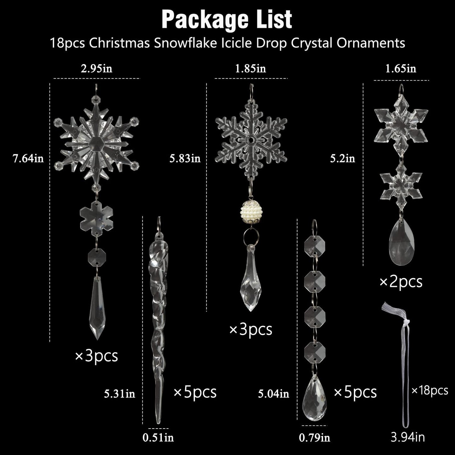 18pcs Christmas Tree Decoration Crystal Ornaments - Hanging Acrylic Christmas Snowflake Icicle Drop Crystal Ornaments for Xmas Tree Winter New Year Party Supplies