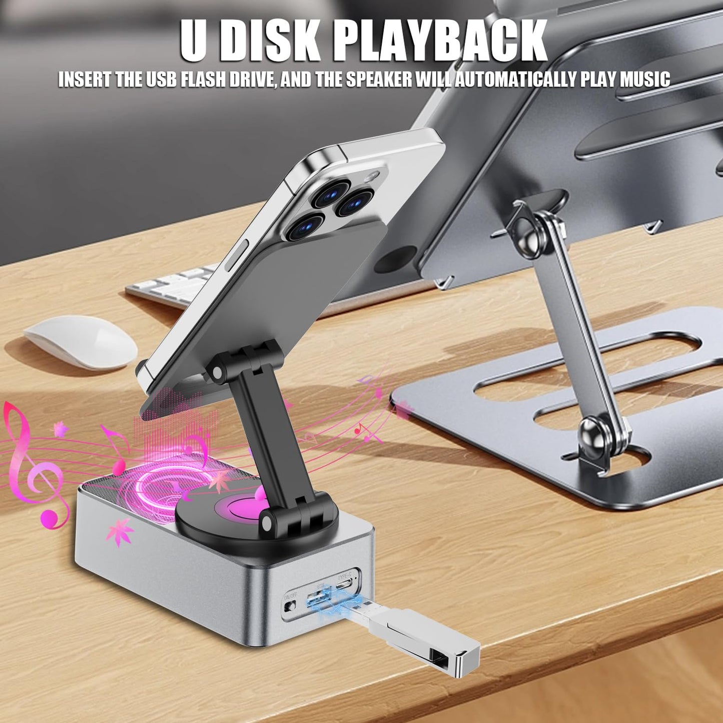 HCRTGAY Induction Speaker, Cell Phone Stand with Wireless Bluetooth Speaker, HD Surround Sound & Led Color Changing Light, Gifts for Men, Compatible with iPhone/Android (Gray-01)