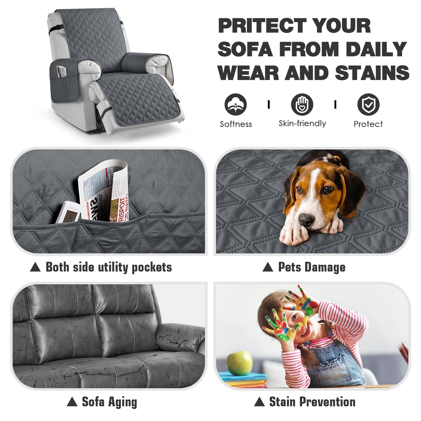 TAOCOCO Non-Slip Recliner Chair Cover Sofa Slipcover, Pet Cover for Small Recliner Chair with Elastic Straps, Washable Reclining Chair Cover Recliner Furniture Protector (23'' Small, Dark Grey)